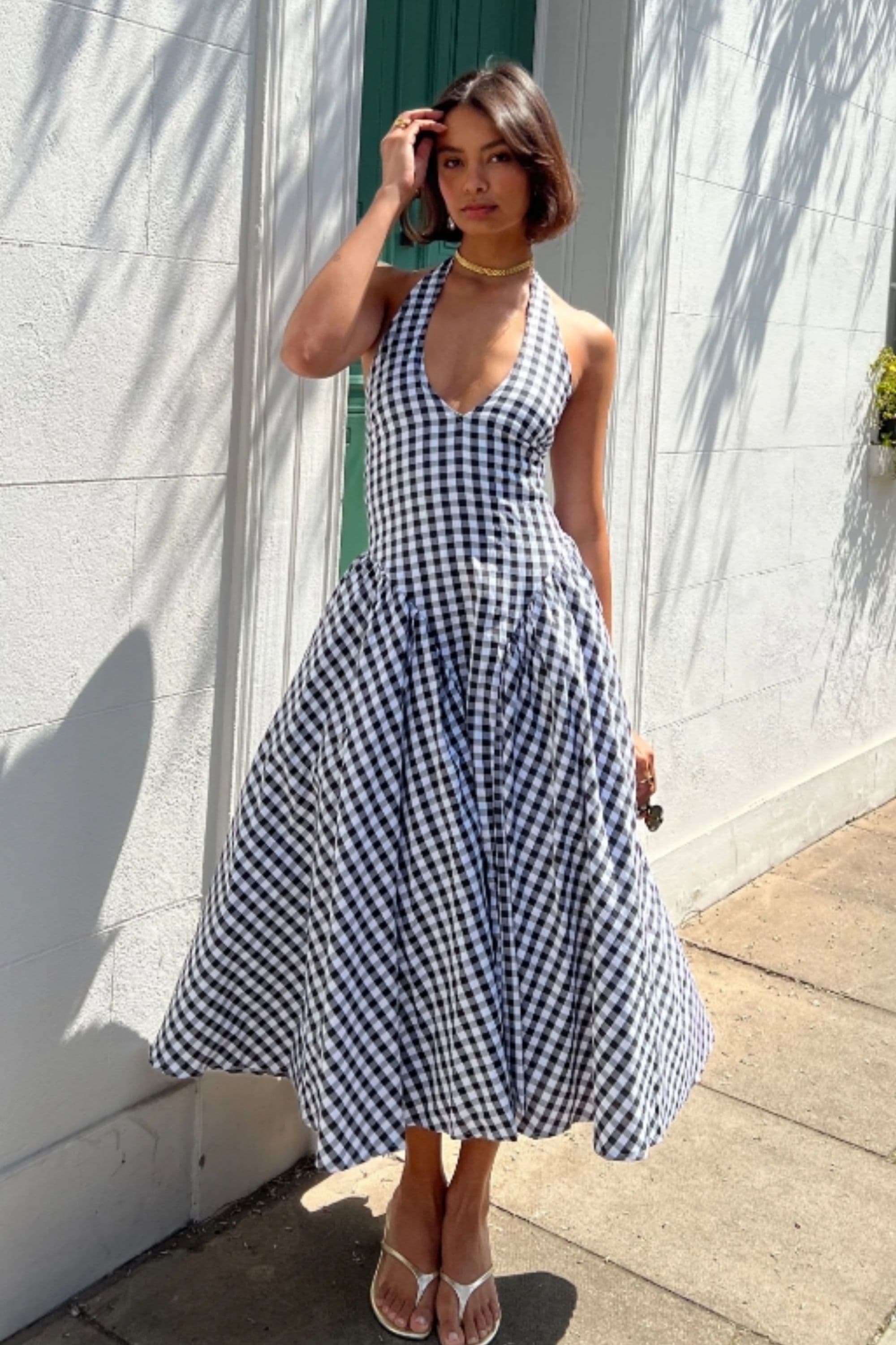 Sabrina Gingham Check Print Linen Blend Midi Dress S M