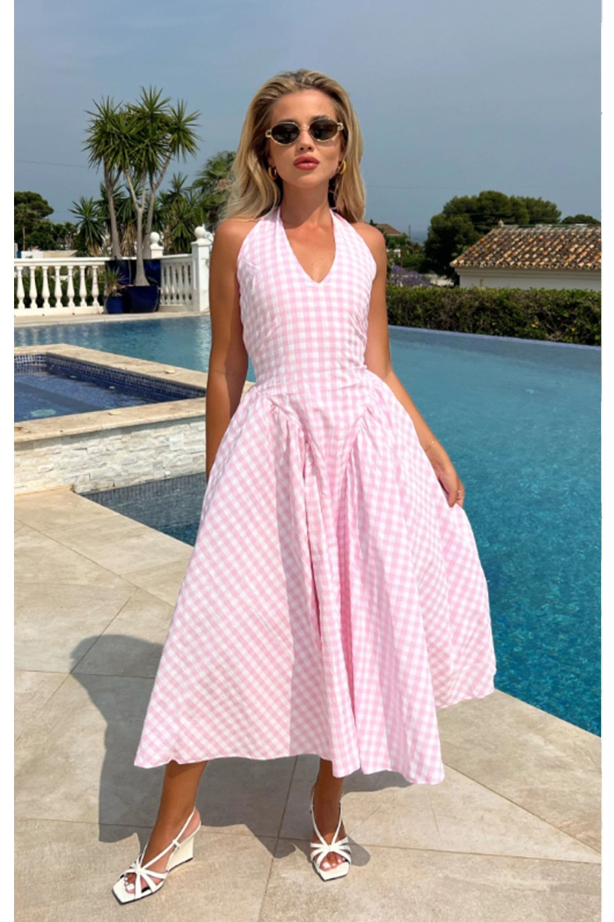 Sabrina Gingham Check Print Linen Blend Midi Dress Pink