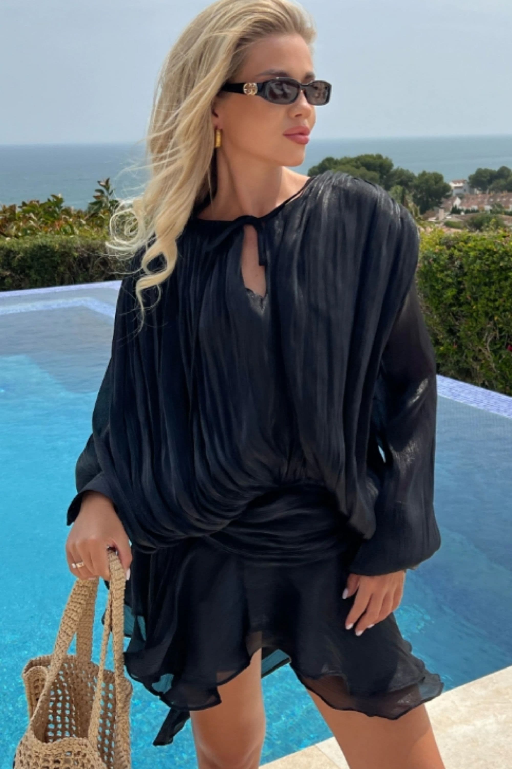 Silky Satin Feeling Cape Sleeves Design Short Dress S M