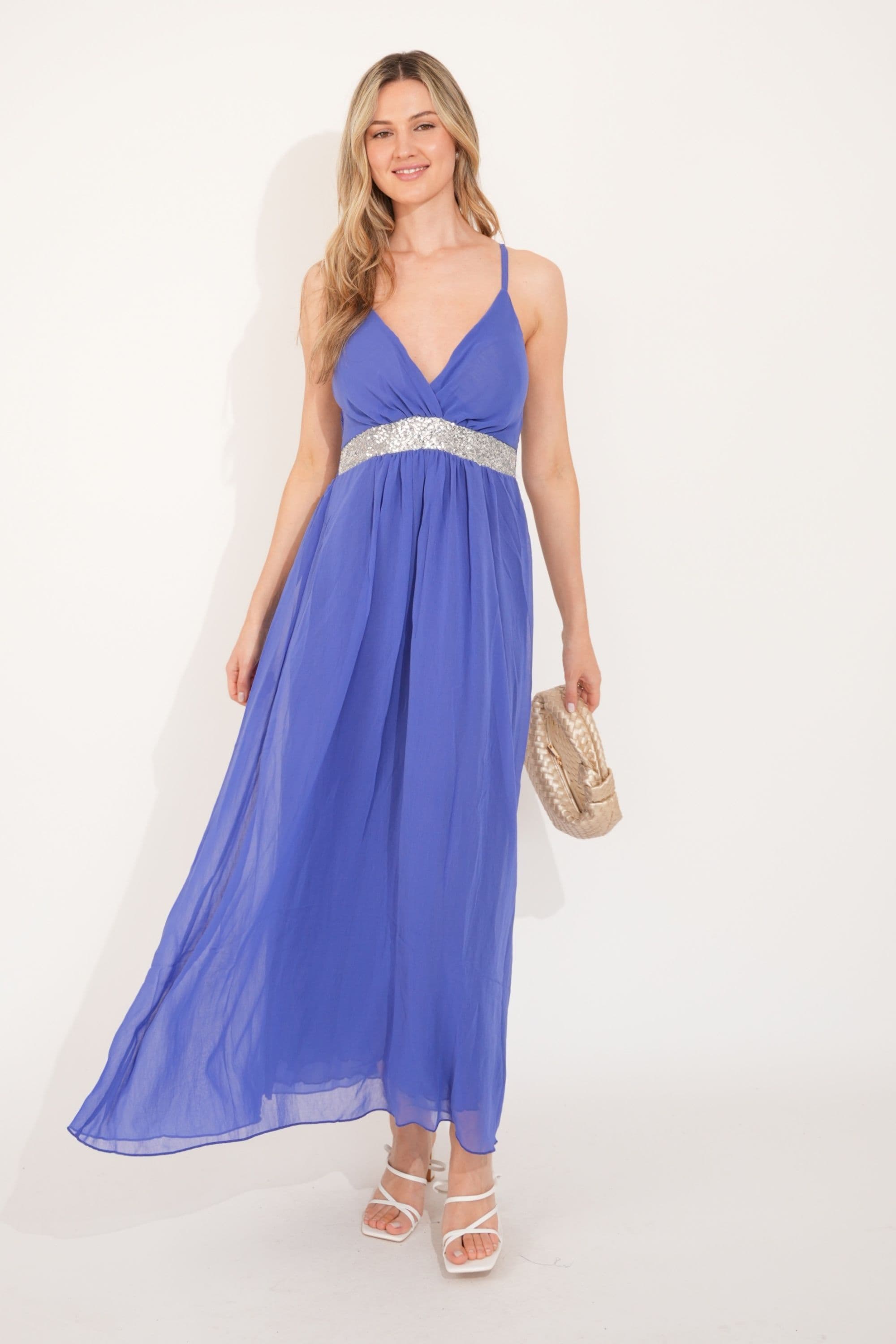 Strappy Chiffon Maxi Dress Sequin Waist Detail & Scarf