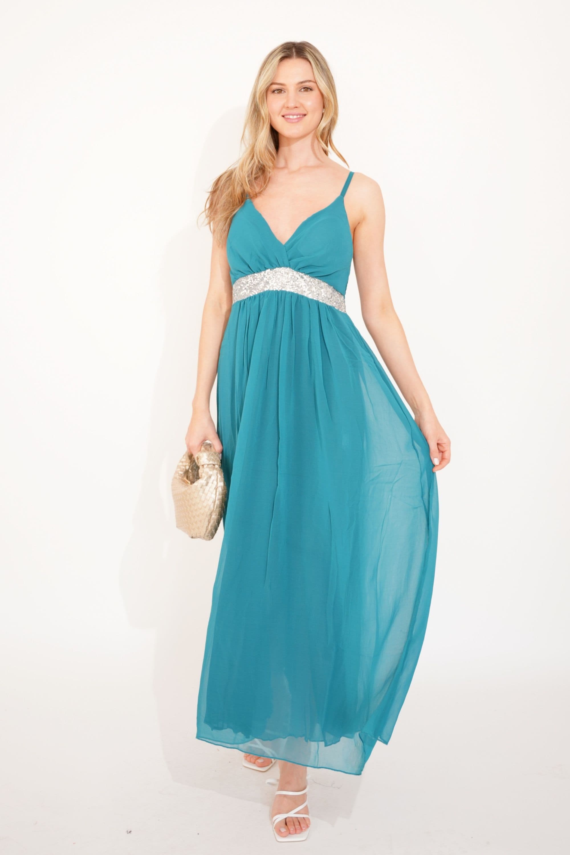 Strappy Chiffon Maxi Dress Sequin Waist Detail & Scarf Turq S M