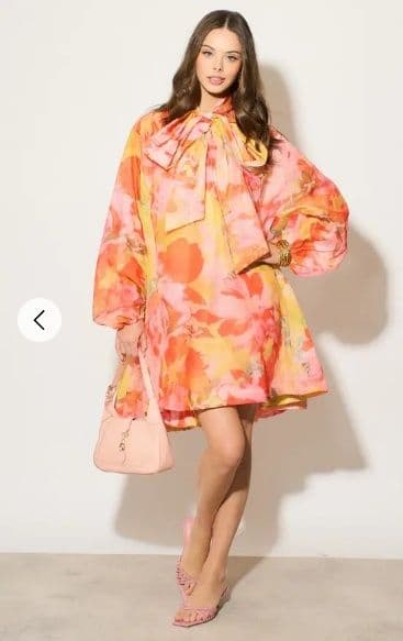 Oversized Pink Floral Print Billow Dress Blouson Sleeves