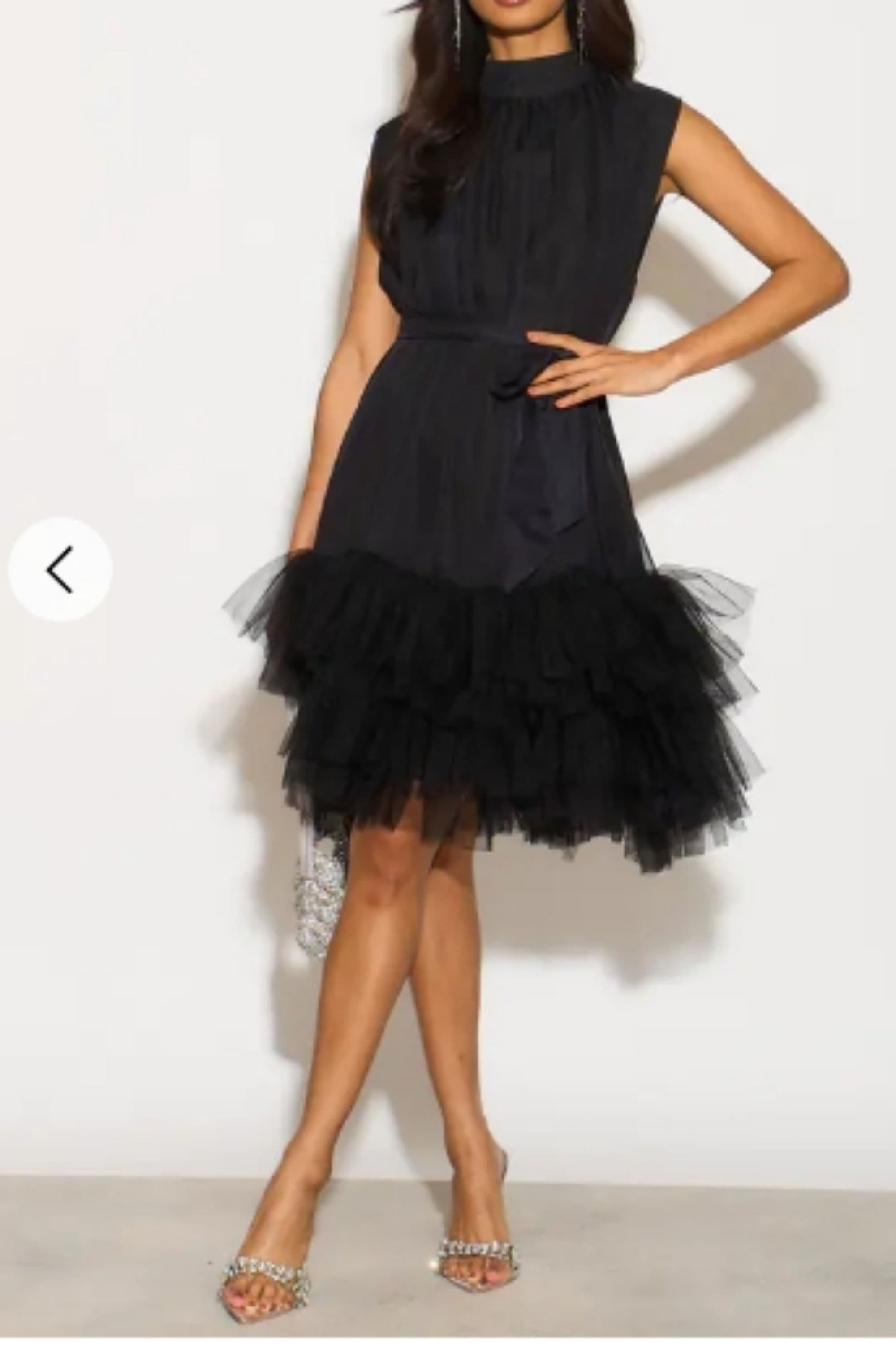 Stand Collar Shift Dress Heavily Gathered Tiered Mesh Frills Shirt Hem Design S M