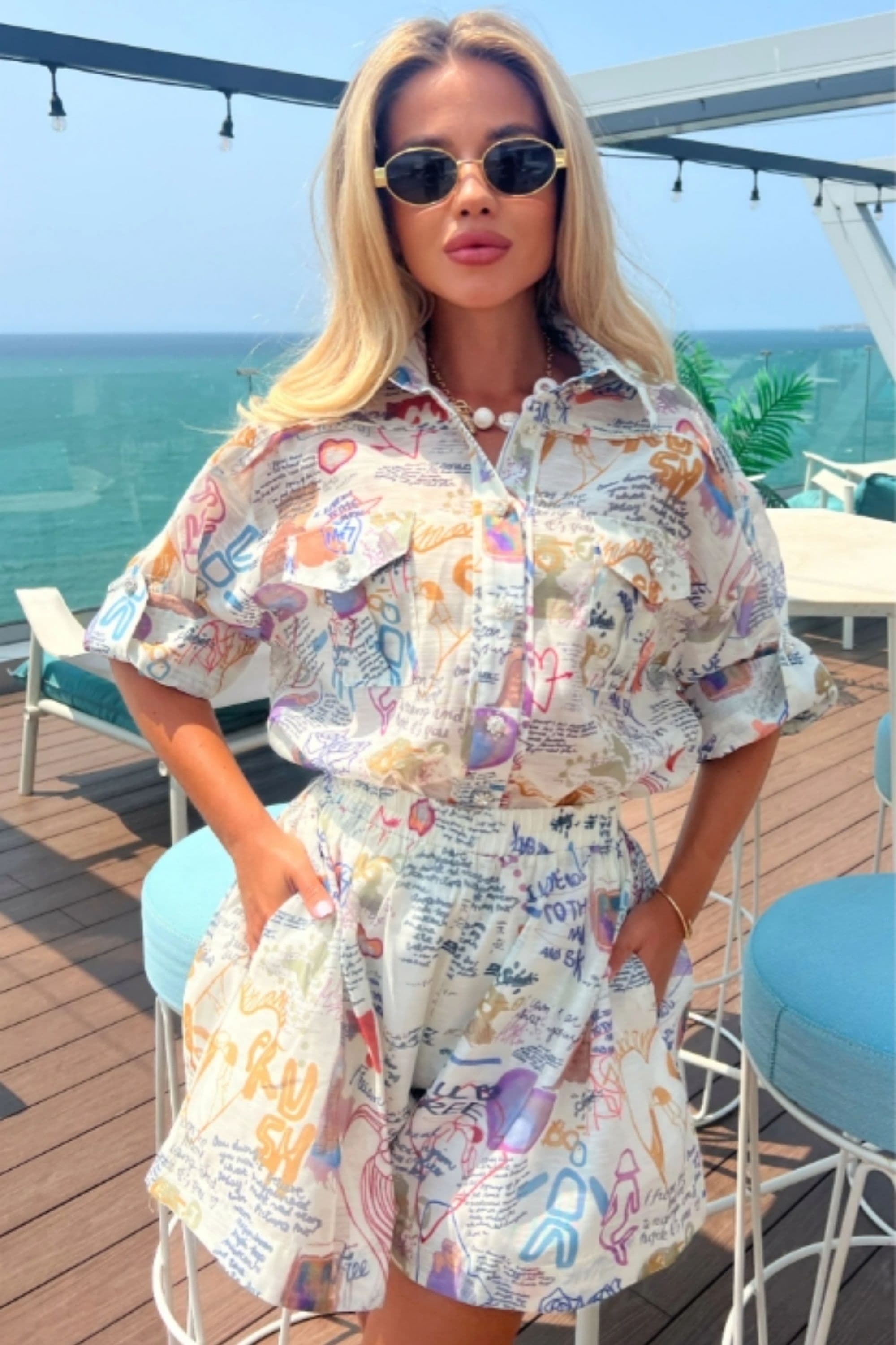 Newspaper Artwork Print Shirt & Shorts Co Ords