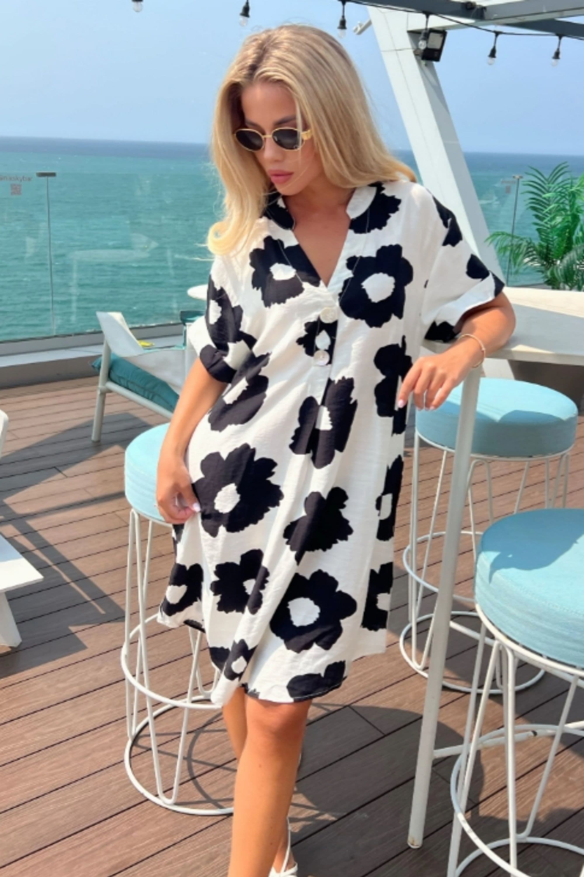 Floral print cotton blend linen holiday dress S M