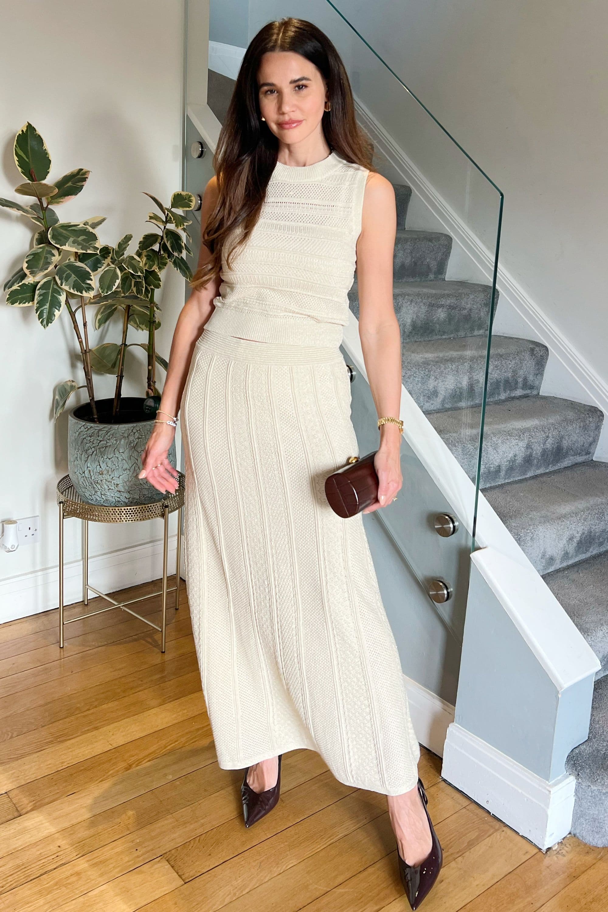 Pointelle knit vest top & maxi pleated skirt