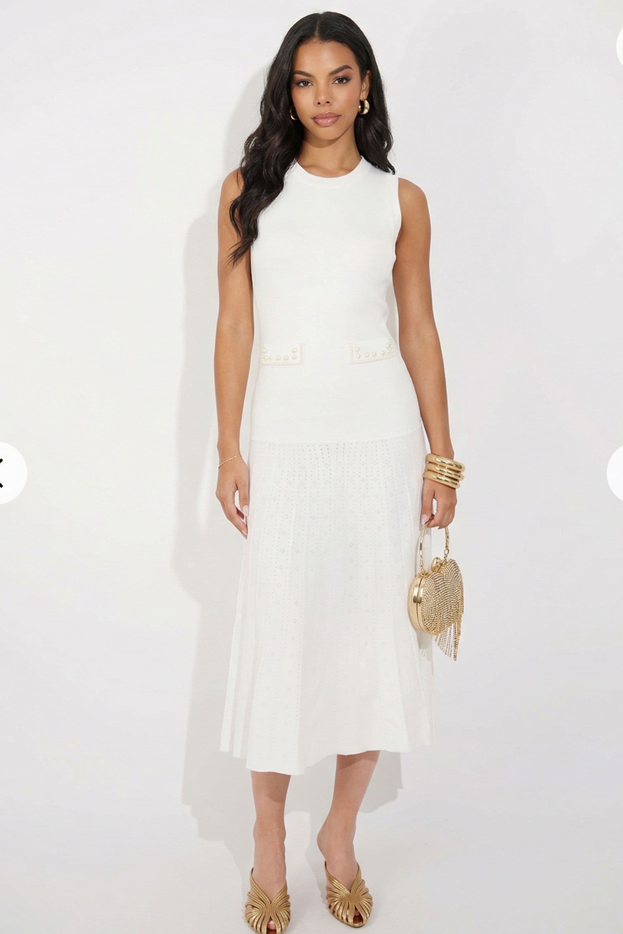 Pearl Bead Pointelle knit bodycon midi dress S M