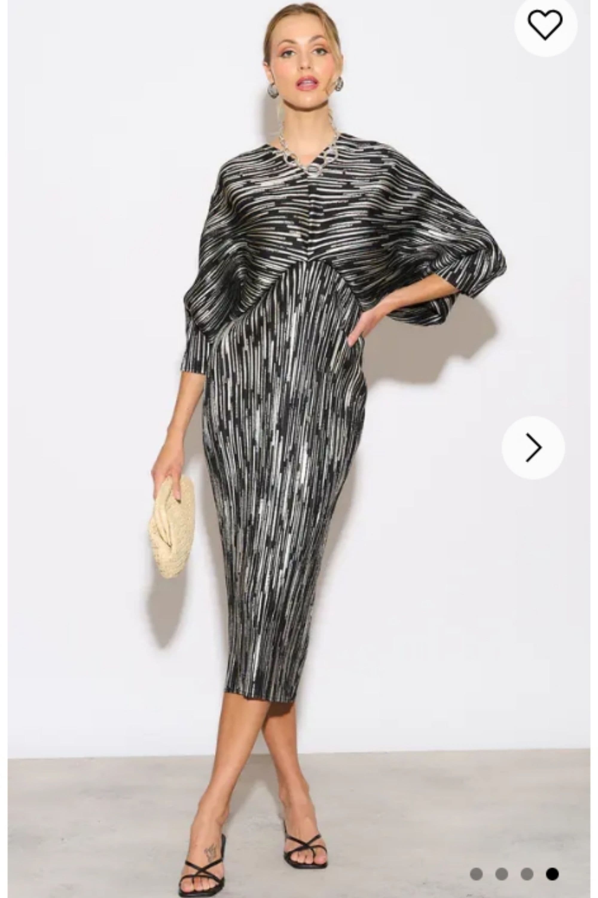 Metallic Print Pleated Dress Kimono sleeves Sliver