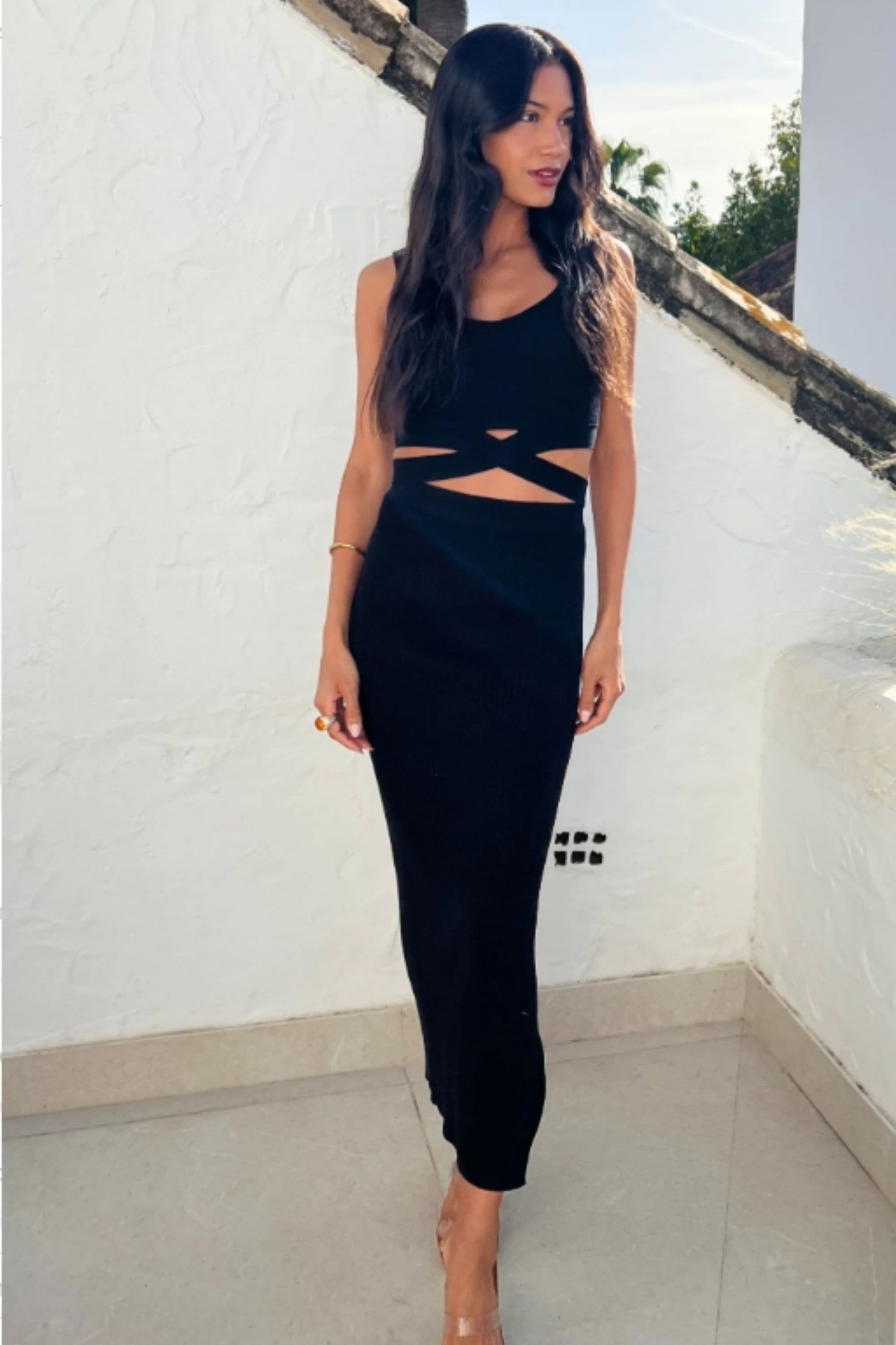Knitted bodycon style vest top tie up design & midi pencil skirt co ords set