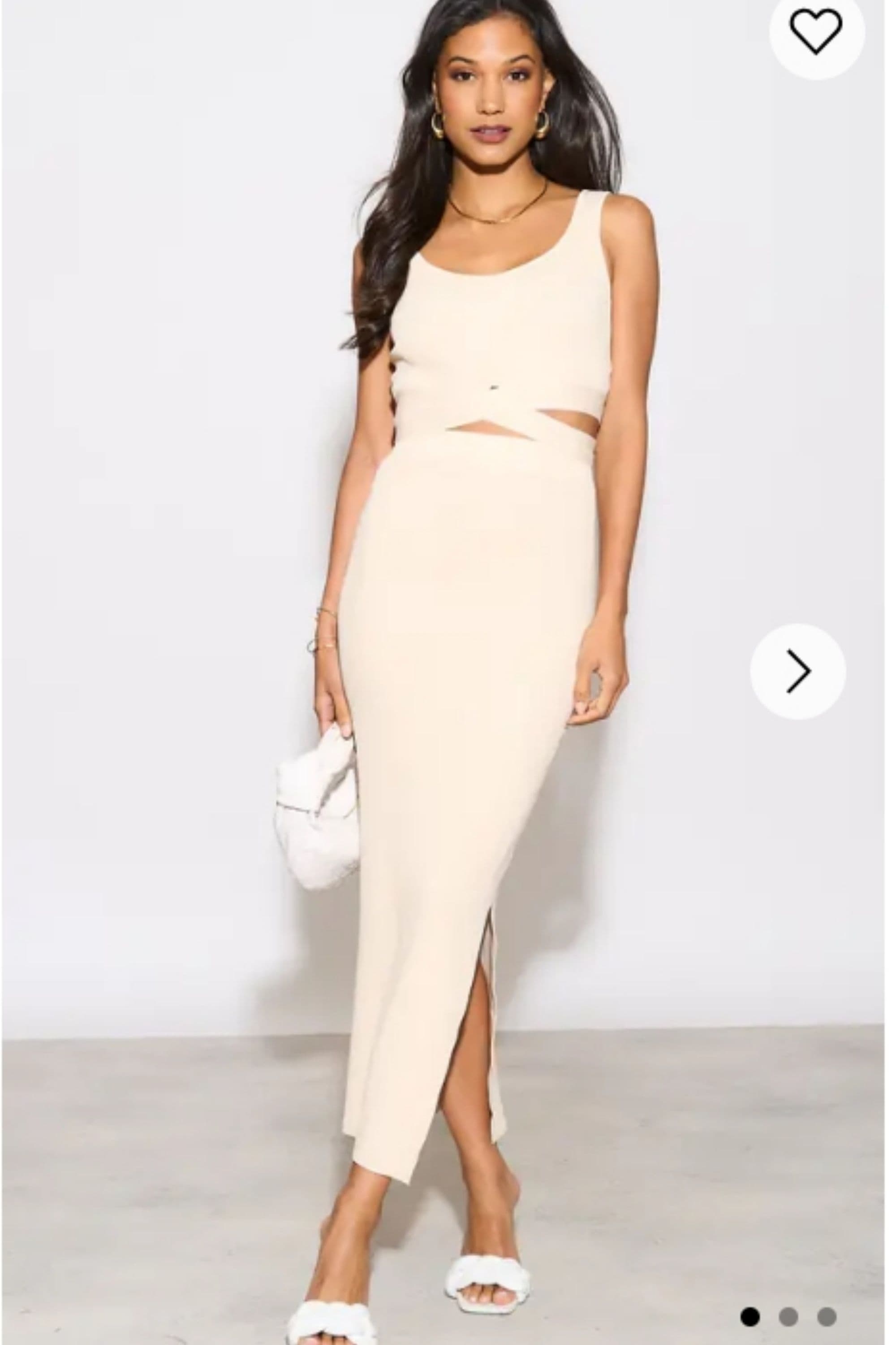 Knitted bodycon style vest top tie up design & midi pencil skirt co ords set cream