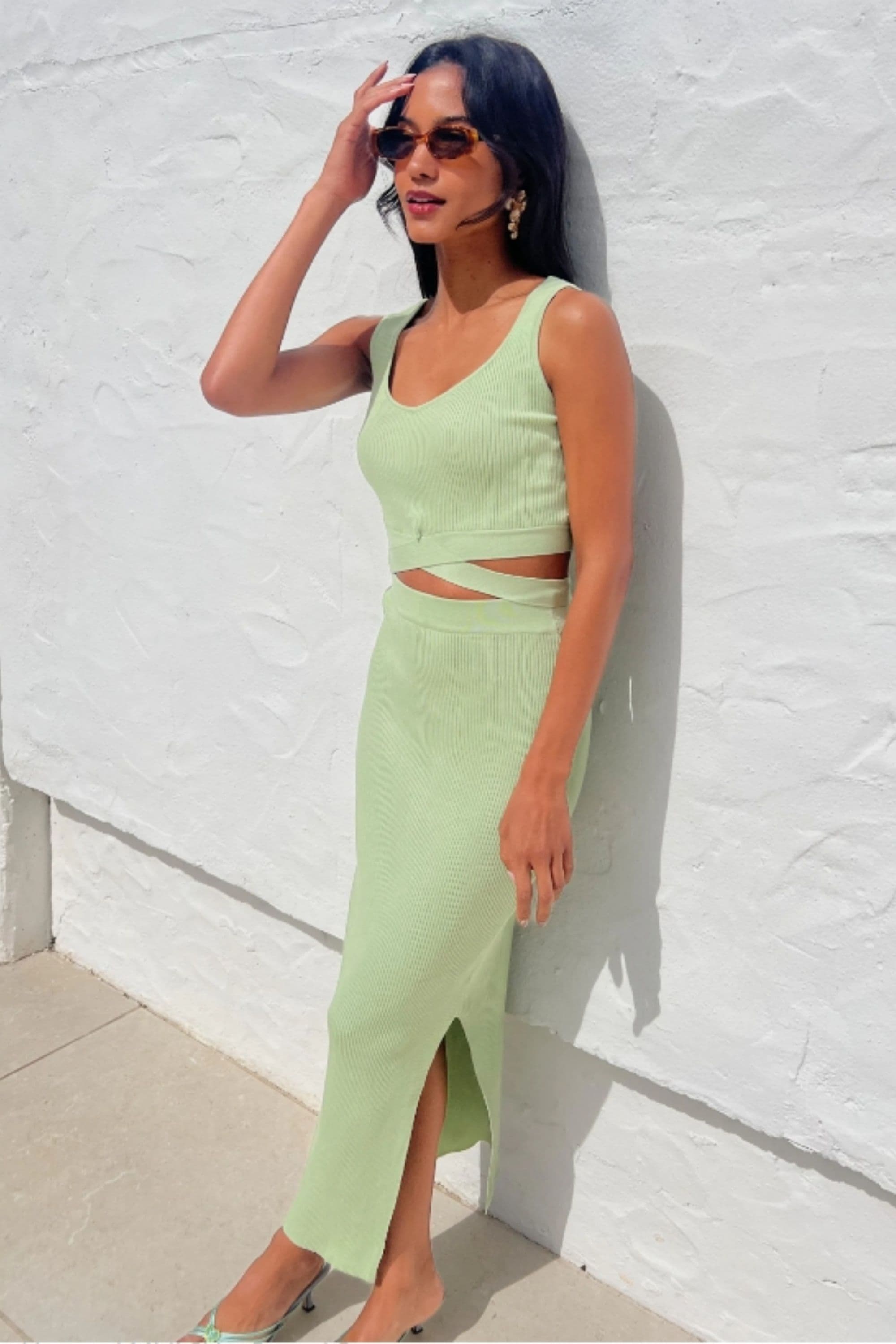 Knitted bodycon style vest top tie up design & midi pencil skirt co ords set S M