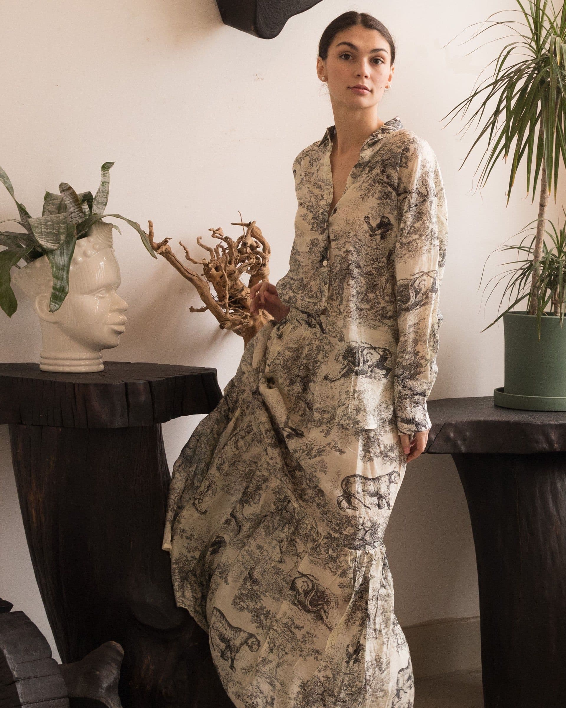 Animal & Forest Scarf Print Shirt & Midi Skirt Co ords