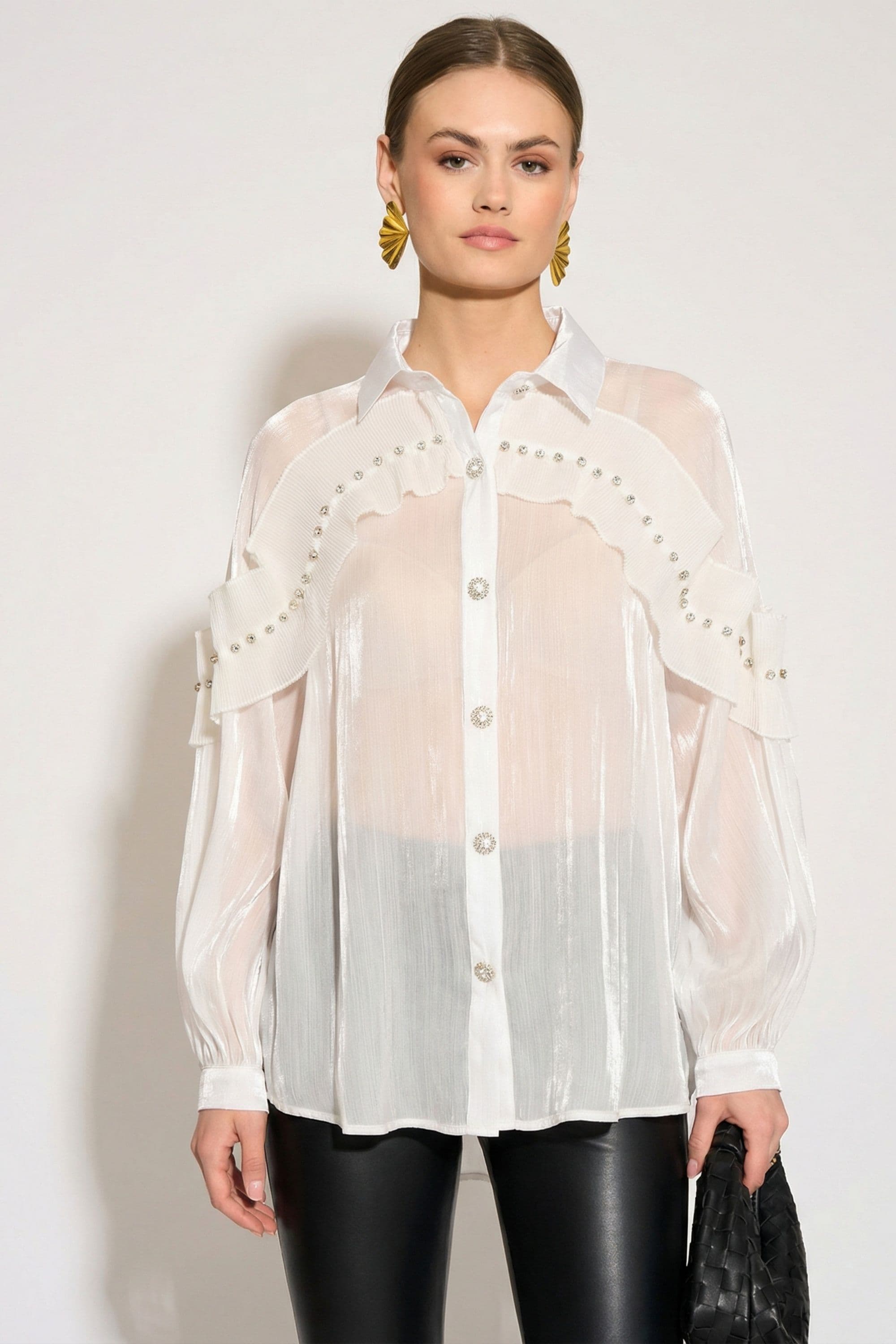 Pleated ruffles multi dimoned stone embellished sleeves design organza shirt S M