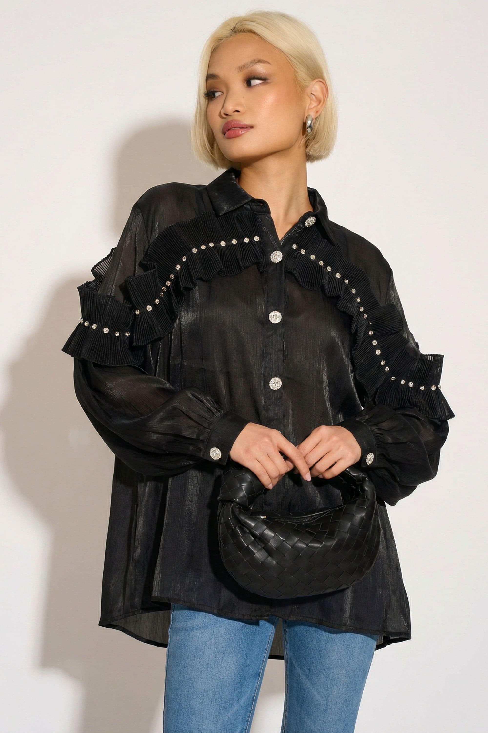 Pleated ruffles multi dimoned stone embellished sleeves design organza shirt S M