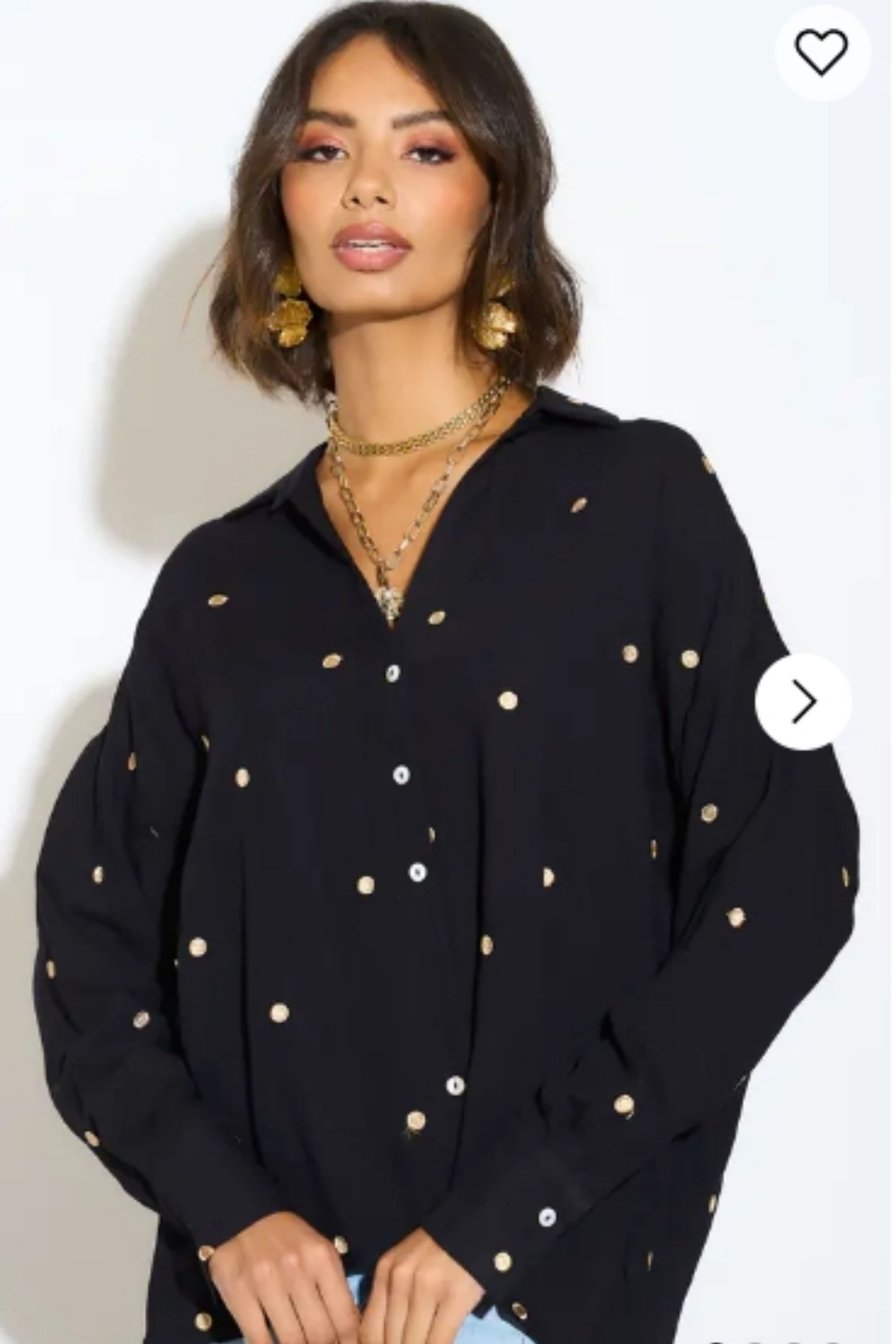 Gold Polka Dots Embroidered Shirt Soft Cotton Fabric S M