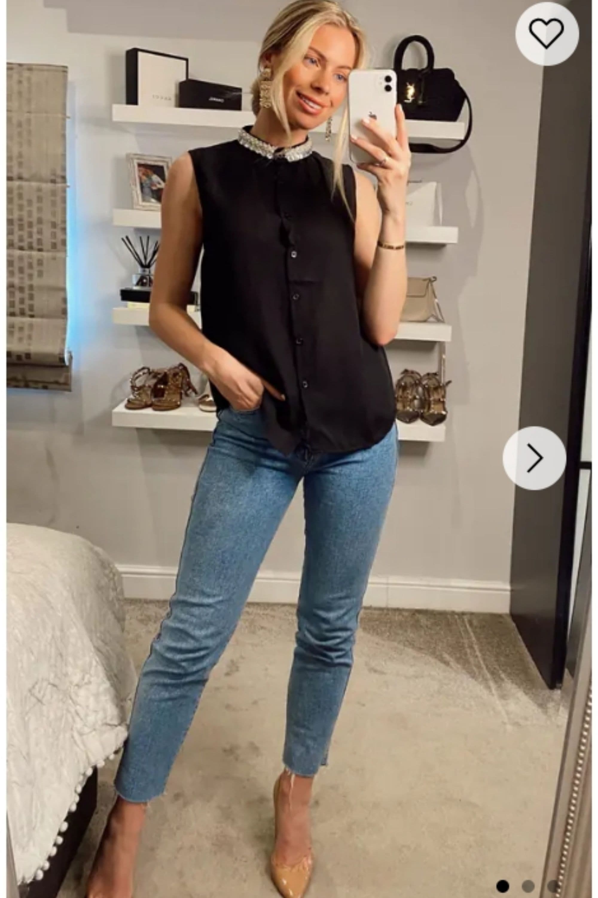 Pearl Embellished Neckline Sleeveless Shirt S M