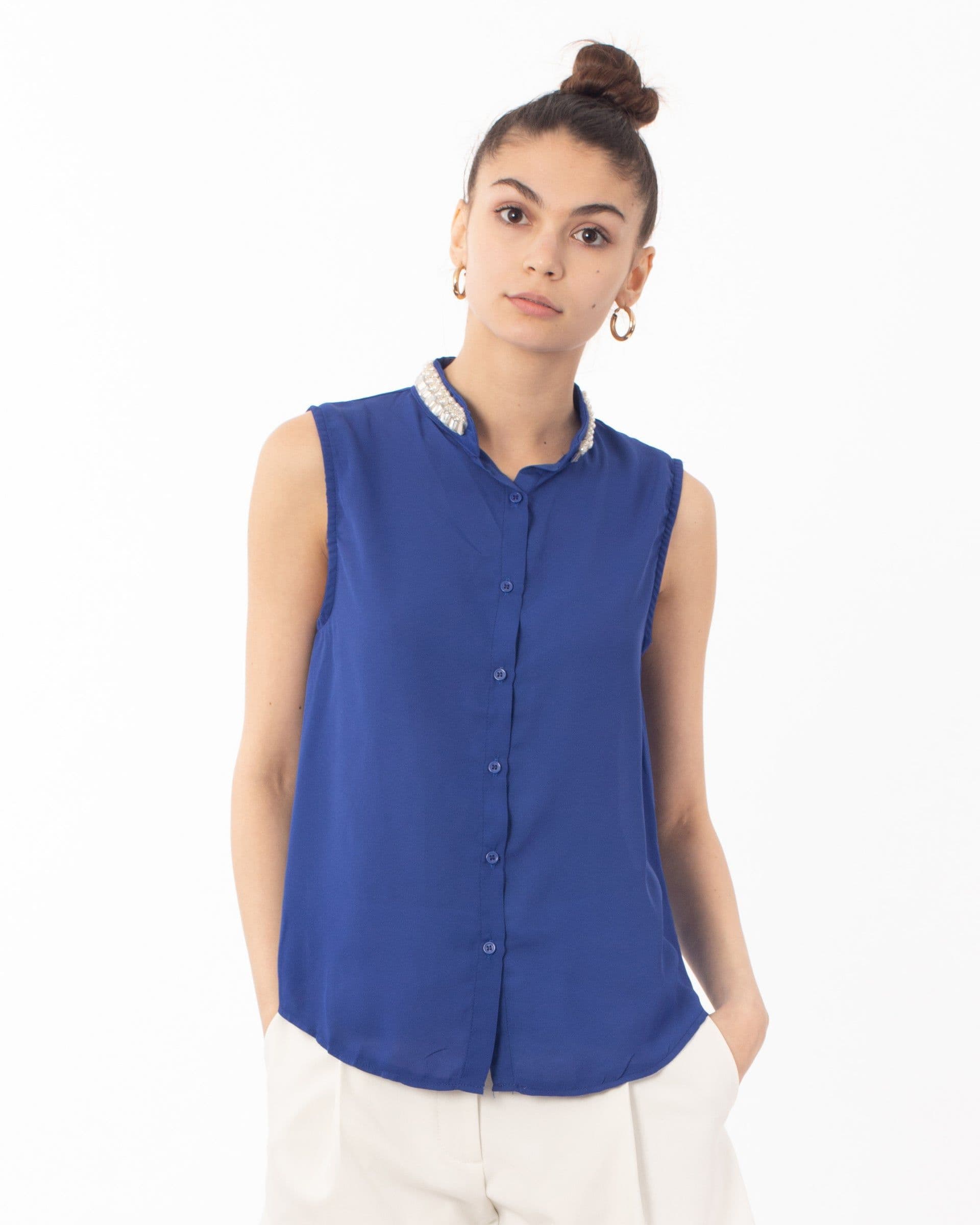 Pearl Embellished Neckline Sleeveless Top S M
