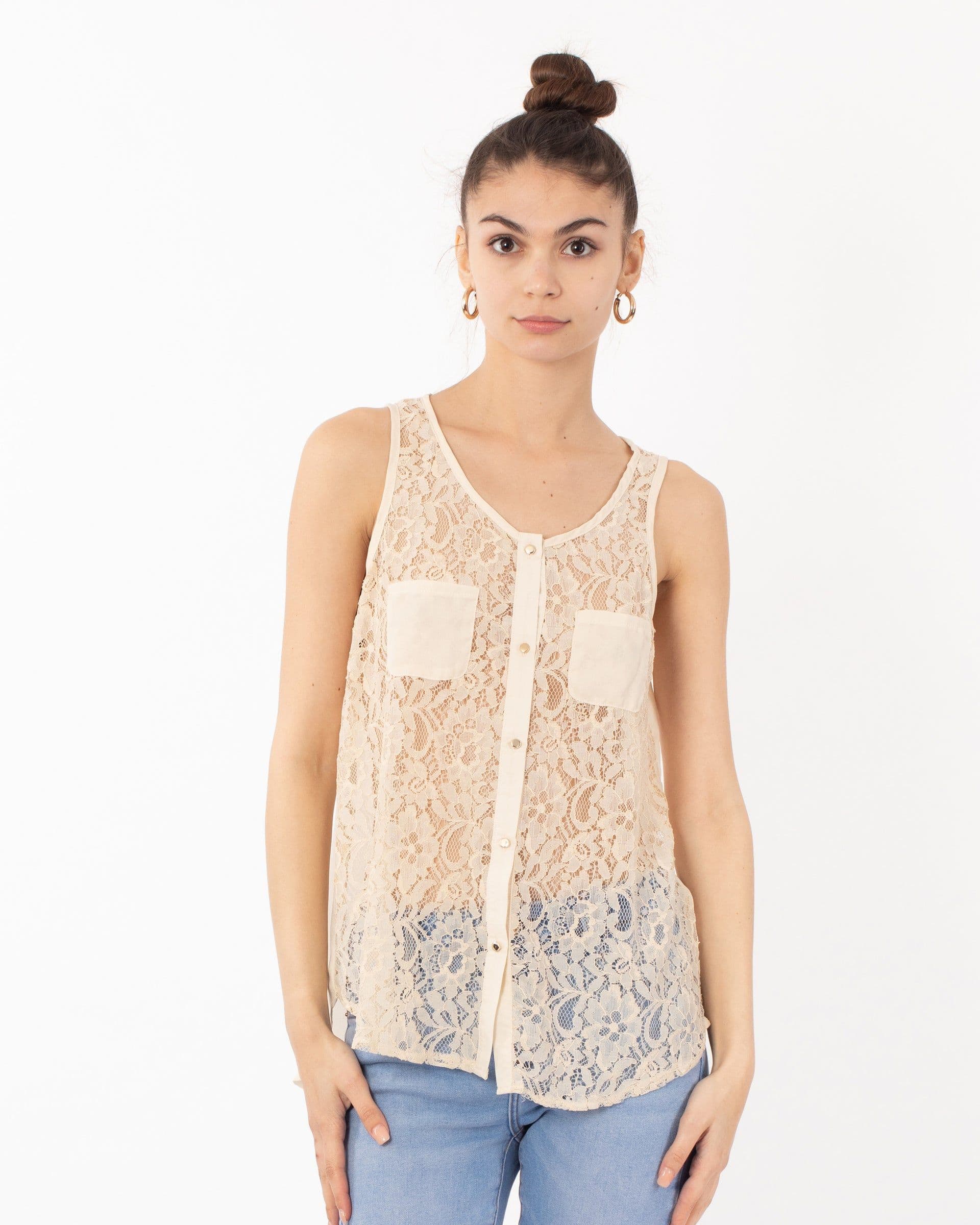 Lace Chiffon Top Shirt Blouse Front Cross Strip Beige