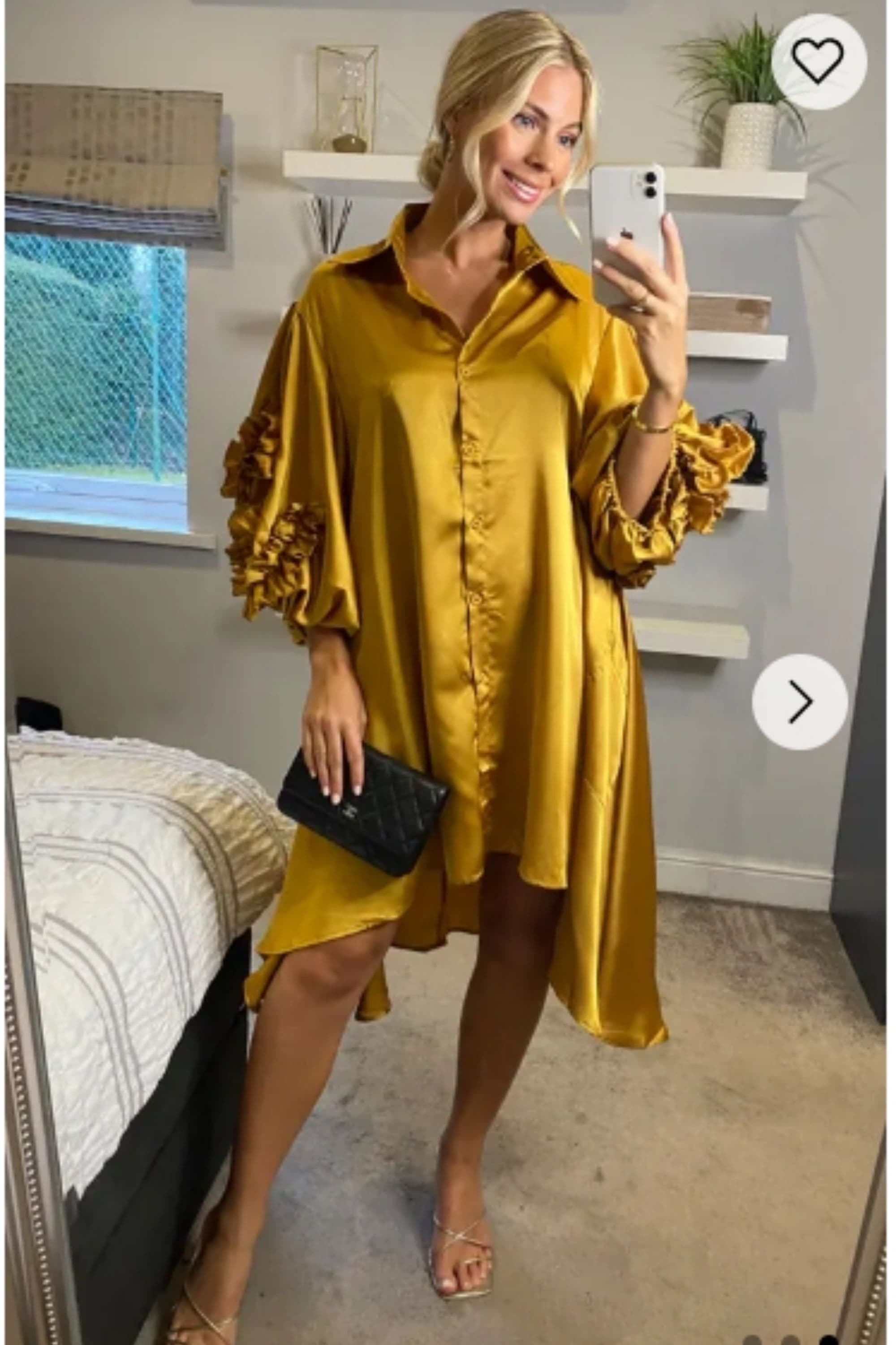 Floral Design Oversized Sleeves Shirt Dress Mustard