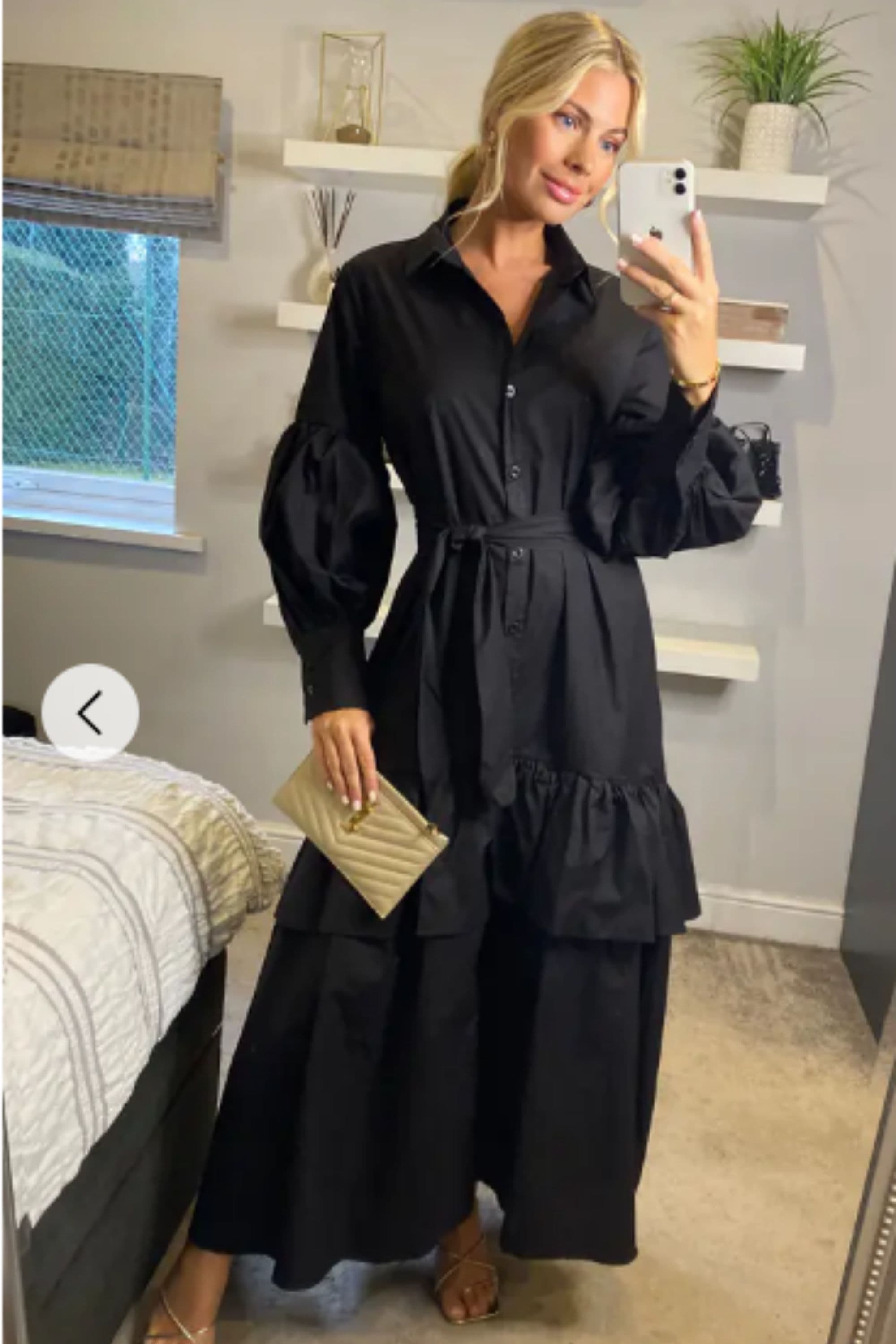 Puff sleeve shirt dress tiered hem skirt S M