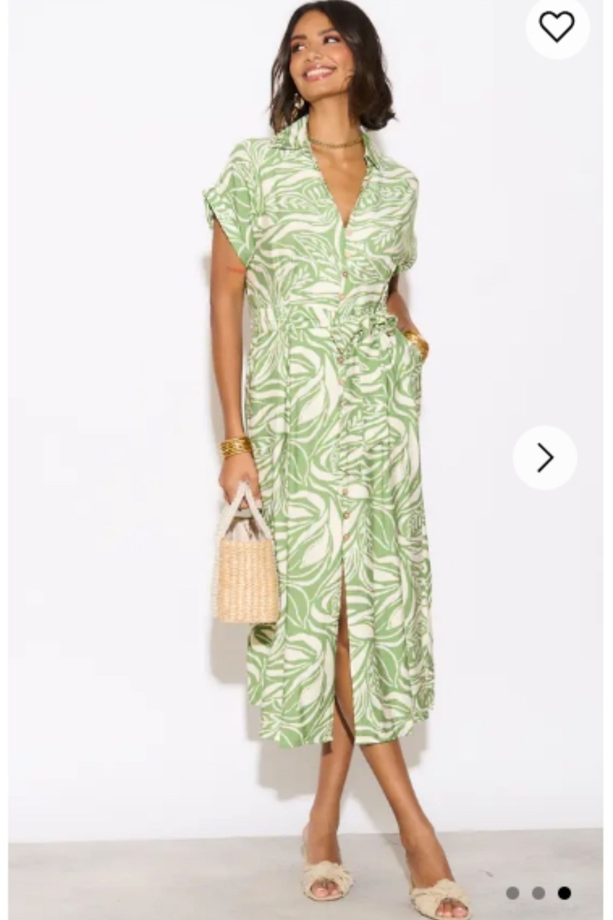 Multi Leaves Print Cotton Linen Shirt Dress Short Sleeves S M