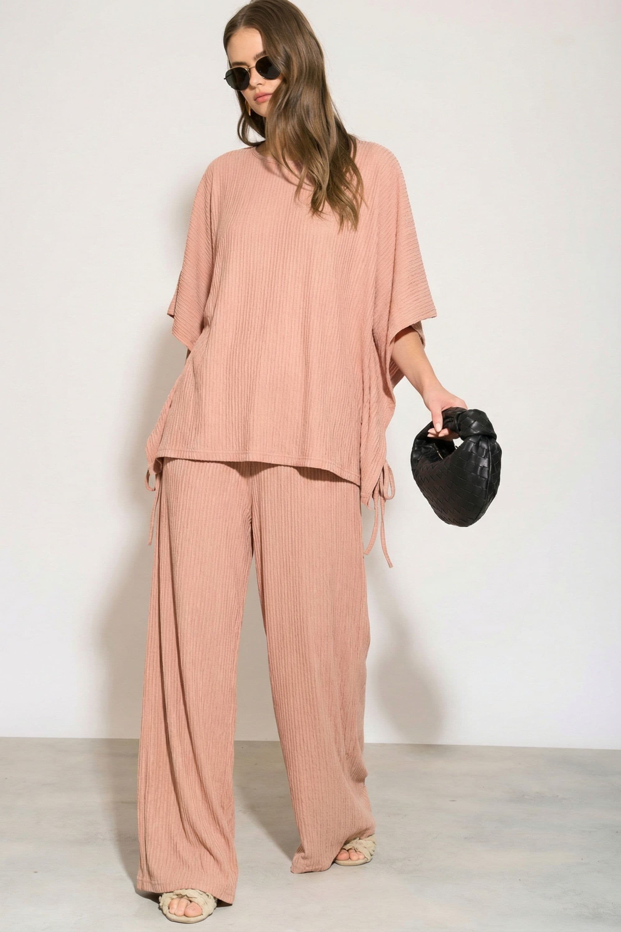 Cotton Blend Comfort Stretch Jersey Lace Up Top & Relaxed Fit Trousers