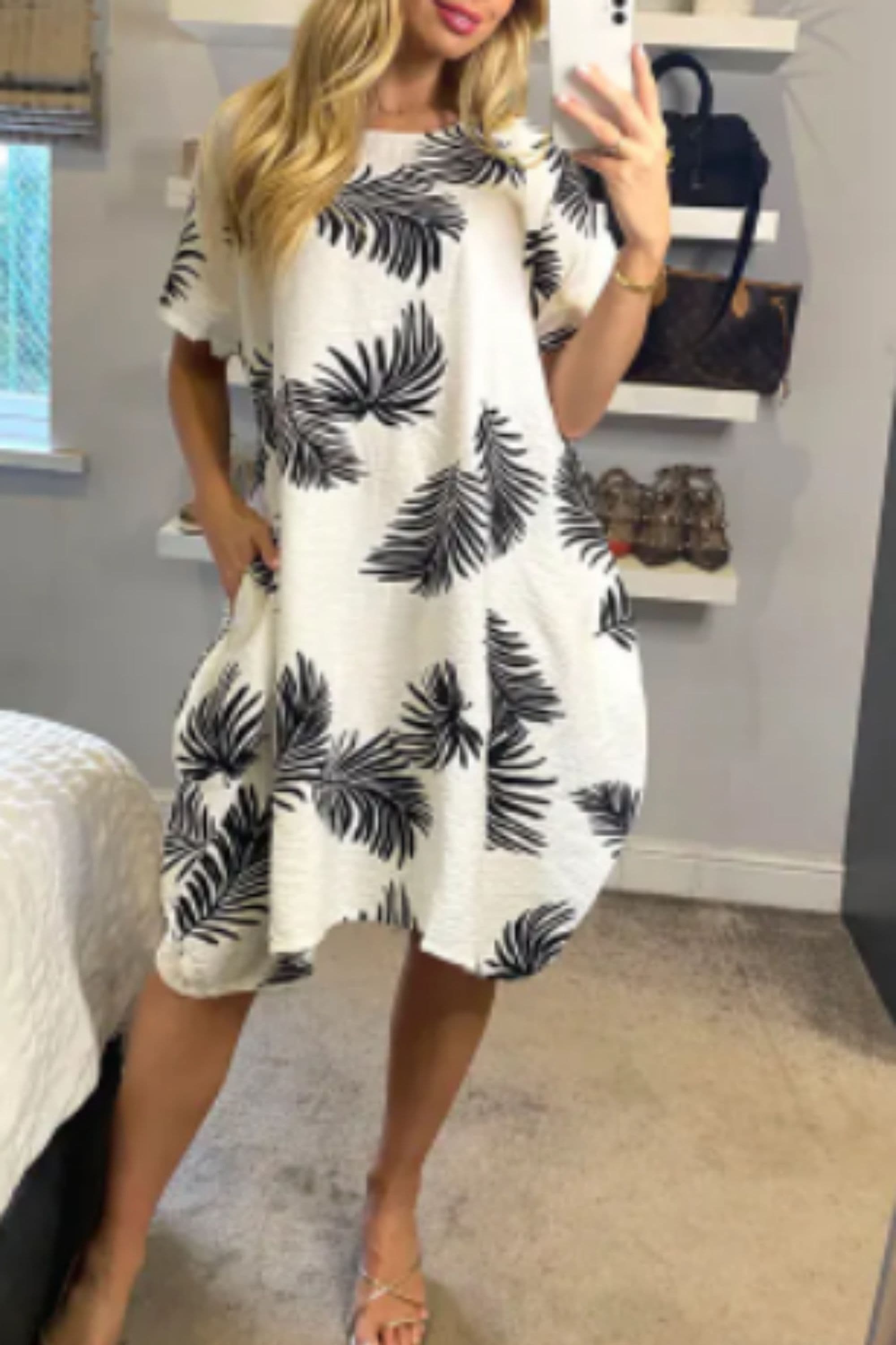 Multi Leaves Print White Contrast Cotton Shift Dress