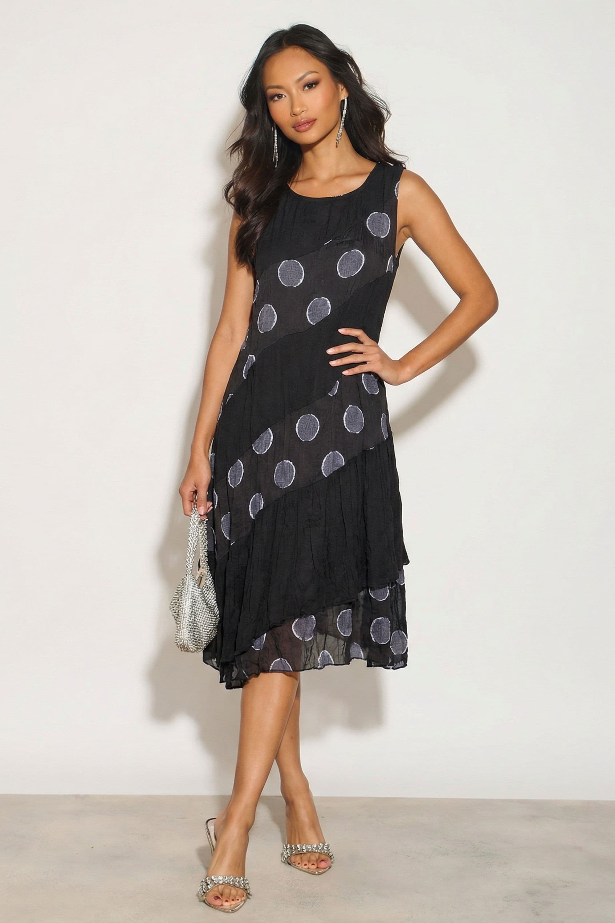Polka Dot Print Contrast Layer Linen Dress S M