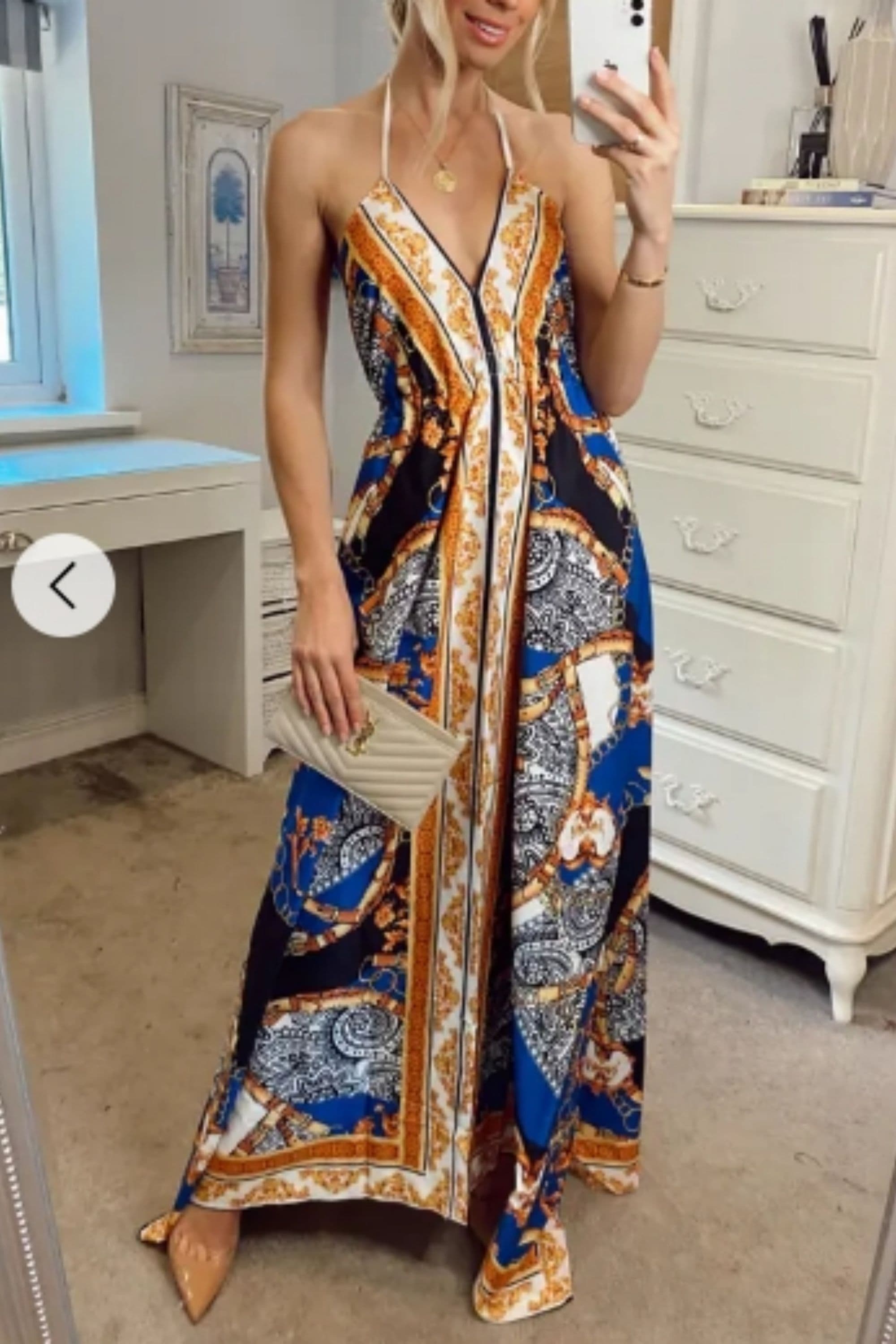 Chain Scarf Print Strappy Flowy Maxi Dress S M