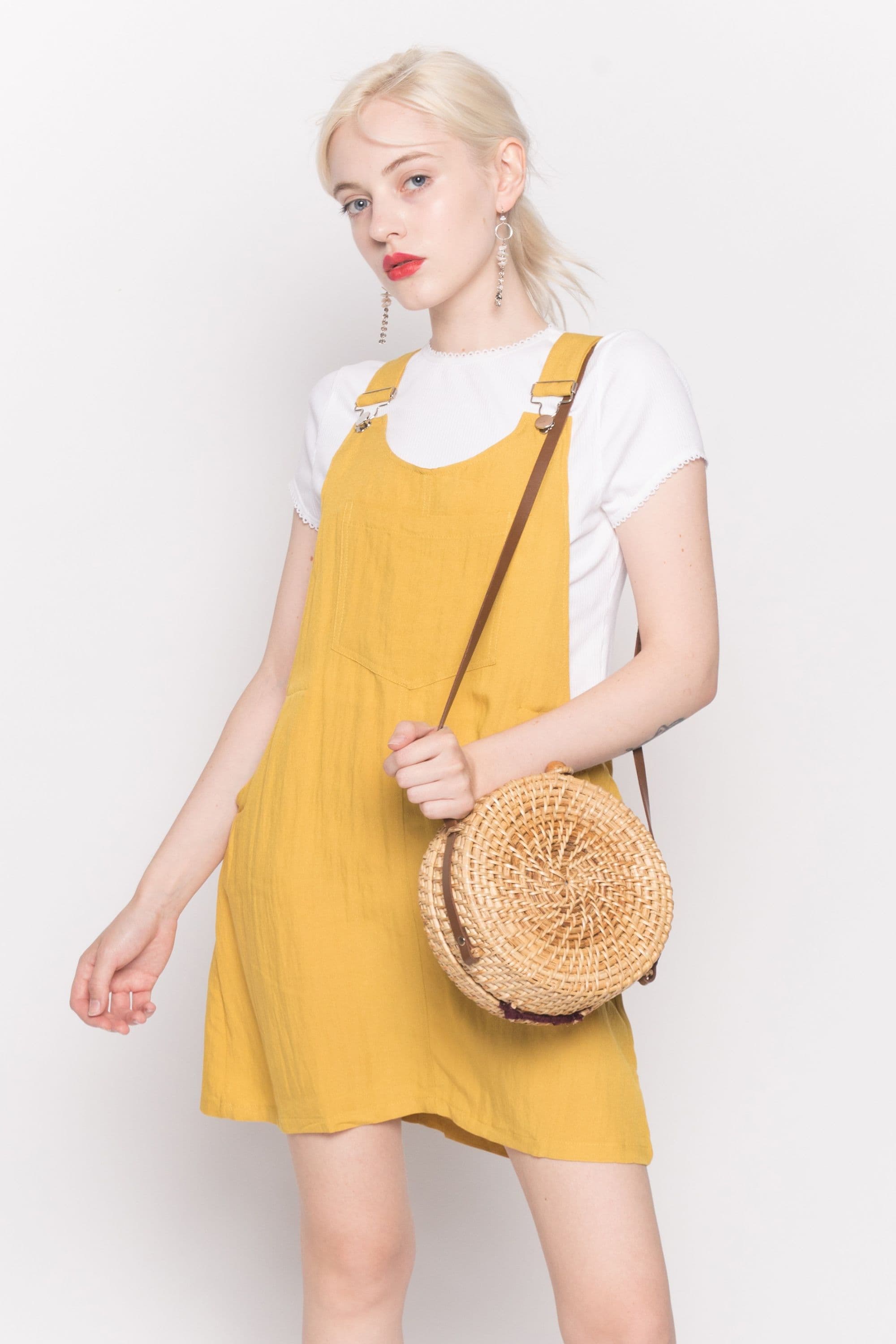 Linen Mini Pinafore Dress Mustard S M