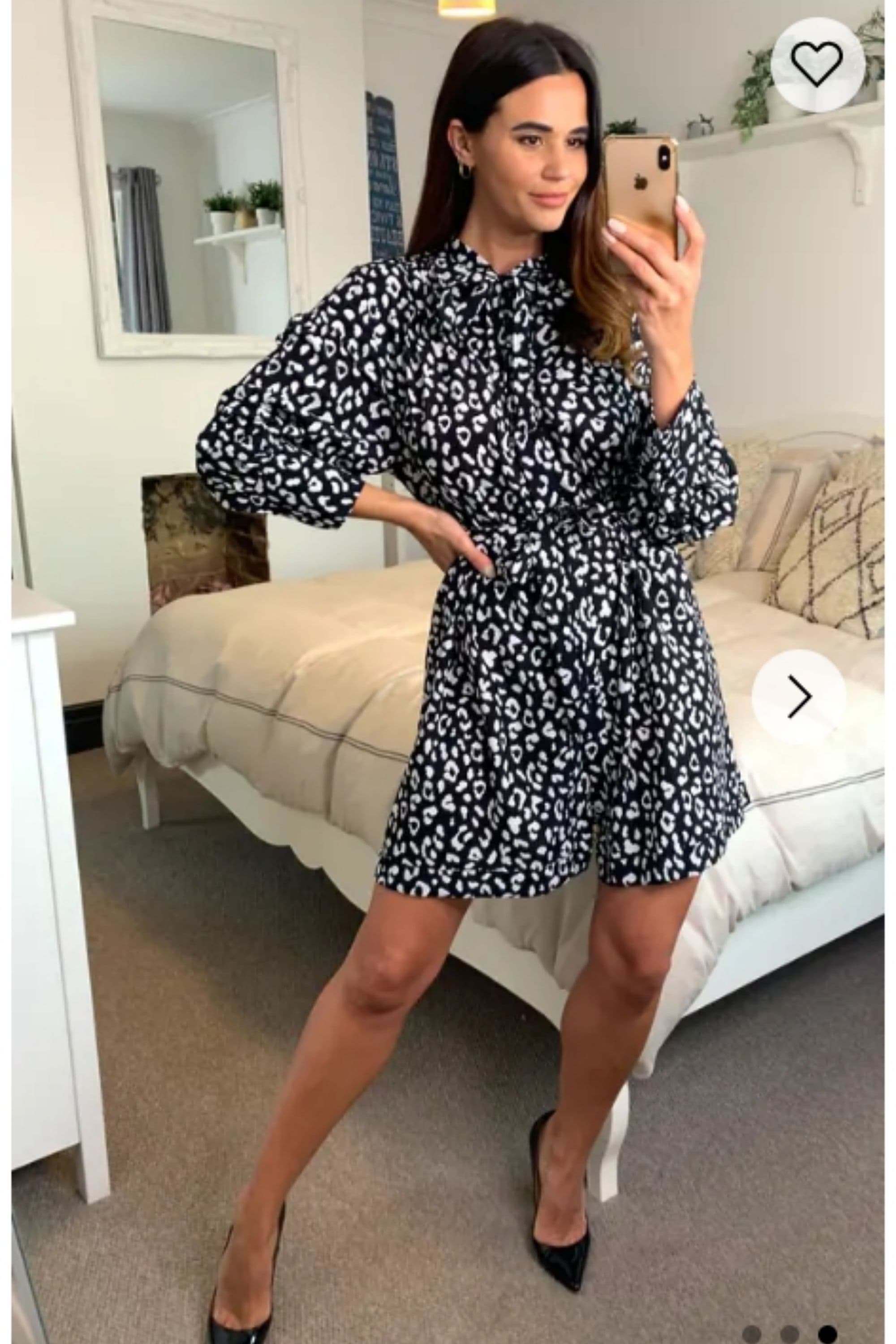 Long Sleeve Shirt Dress Tie Waist & White Print S M