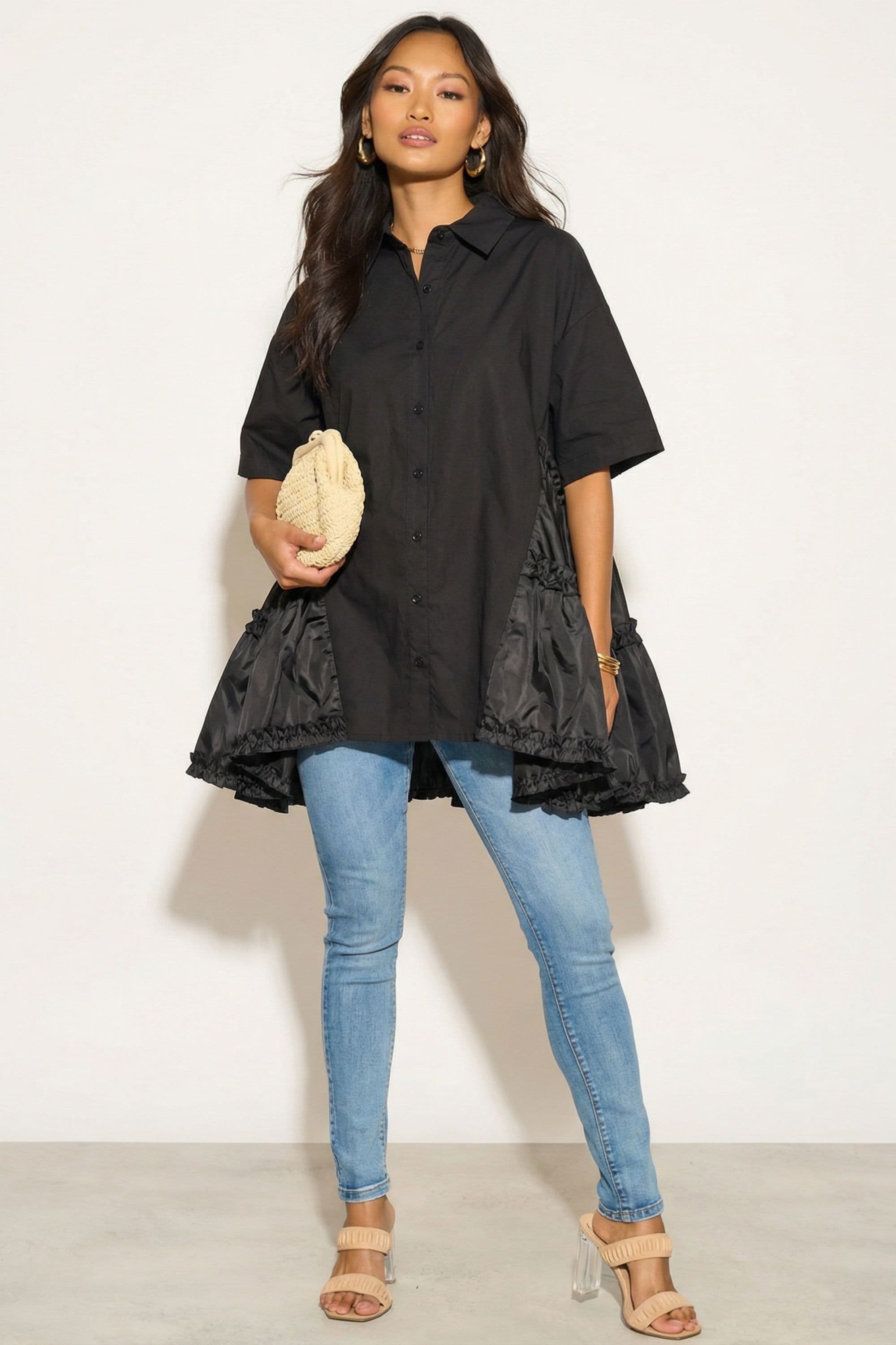 Oversized Short Sleeve Shirt Frill Detail On Sides S M