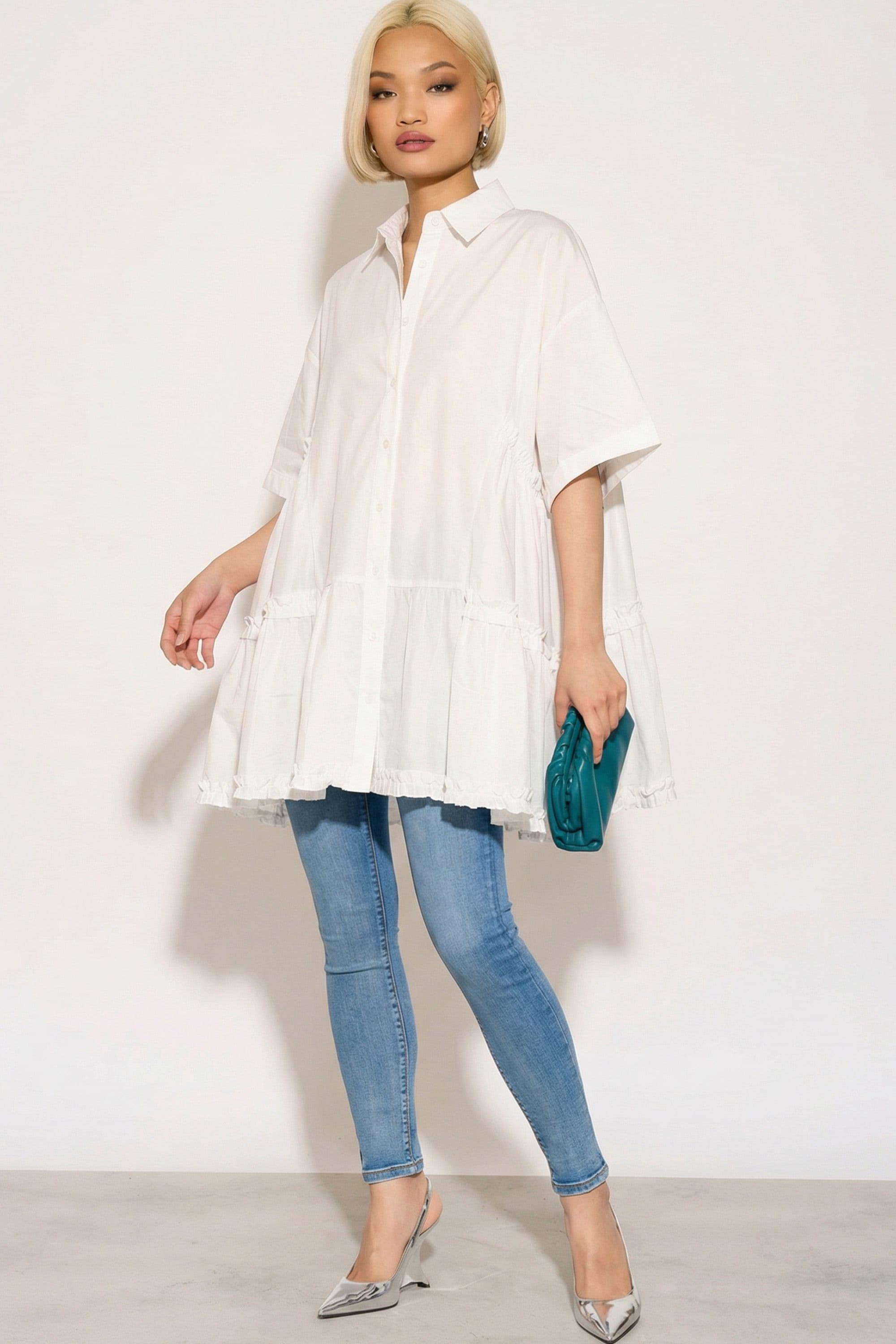 Oversized Short Sleeve Shirt Frill Detail On Sides
