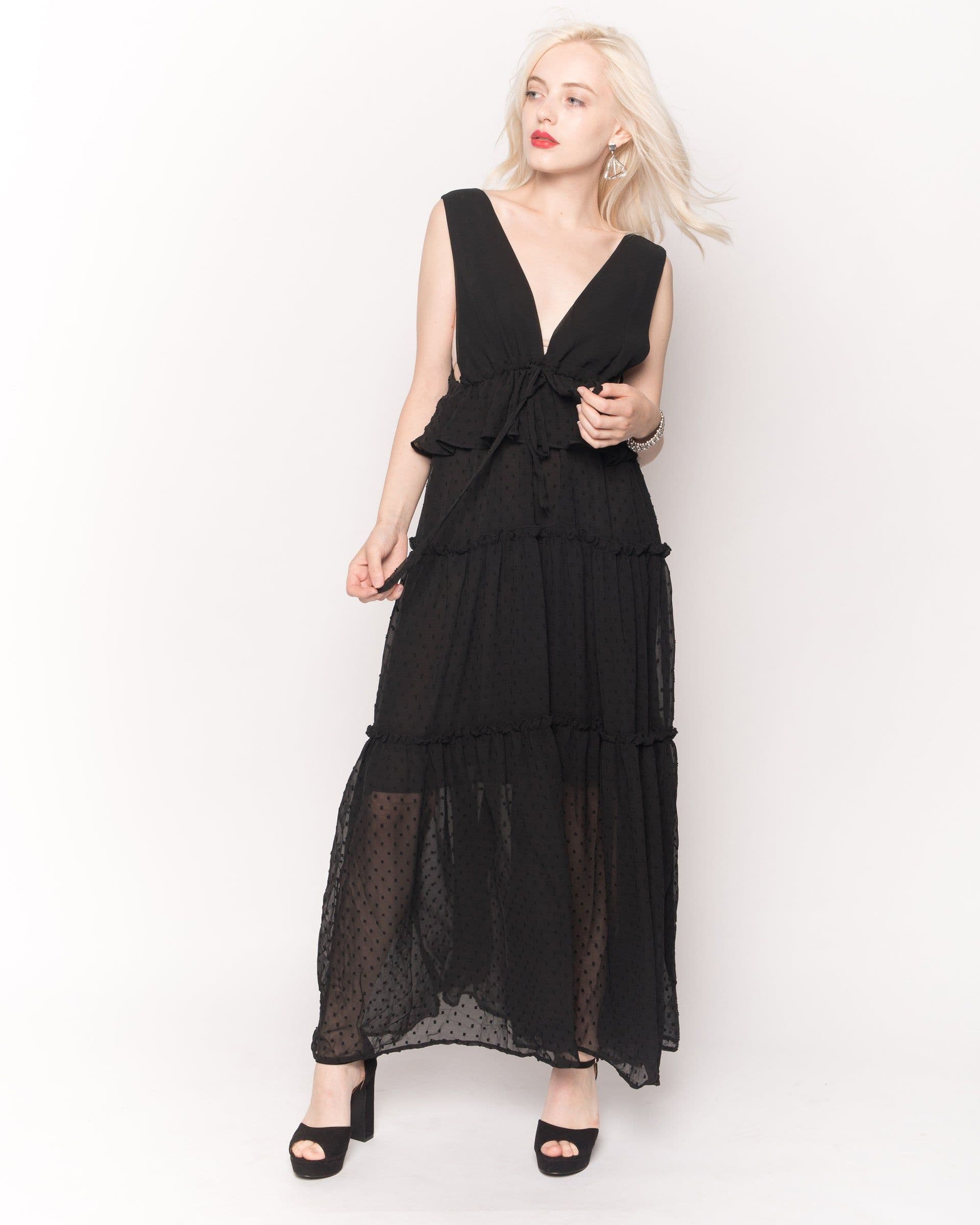 Deep V Neck Sleeveless Maxi Dress Ruffles Spot