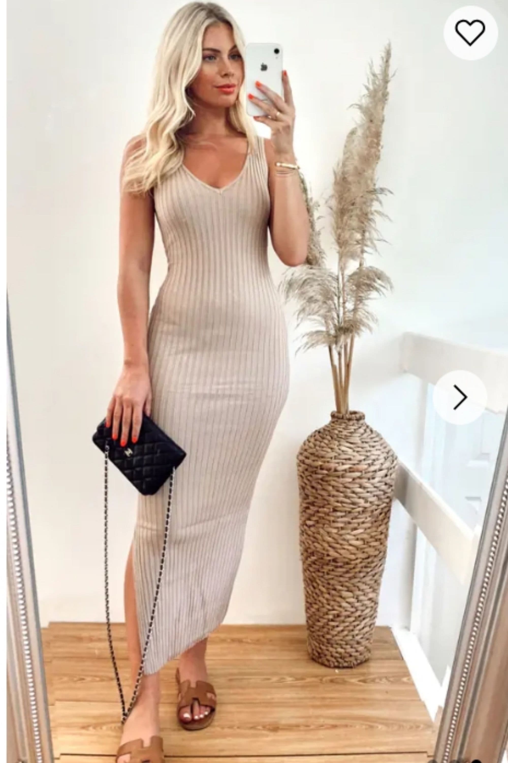 Sleeveless Ribbed Knit Bodycon Dress Side Split S M