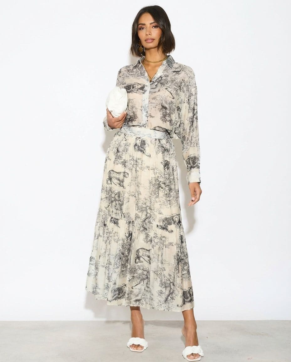 Animal & Forest Scarf Print Shirt & Midi Skirt Co ords