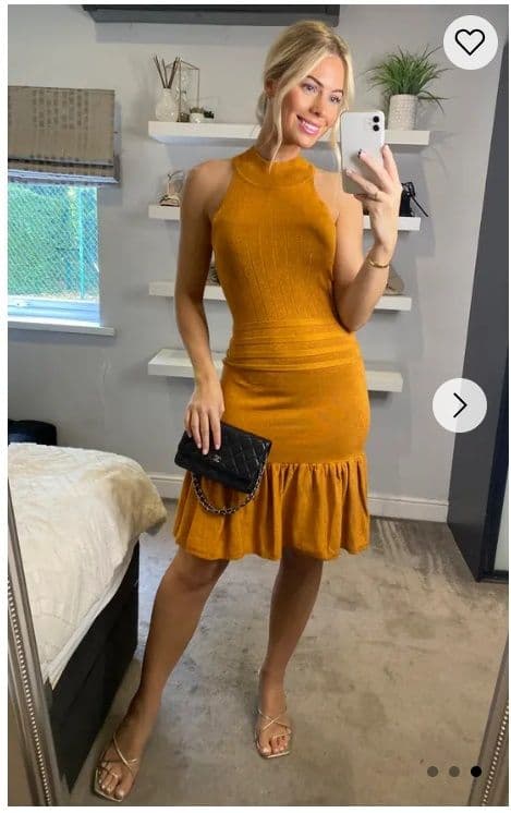 High Neck Pleated Metallic Dress Knee Length Gold S M