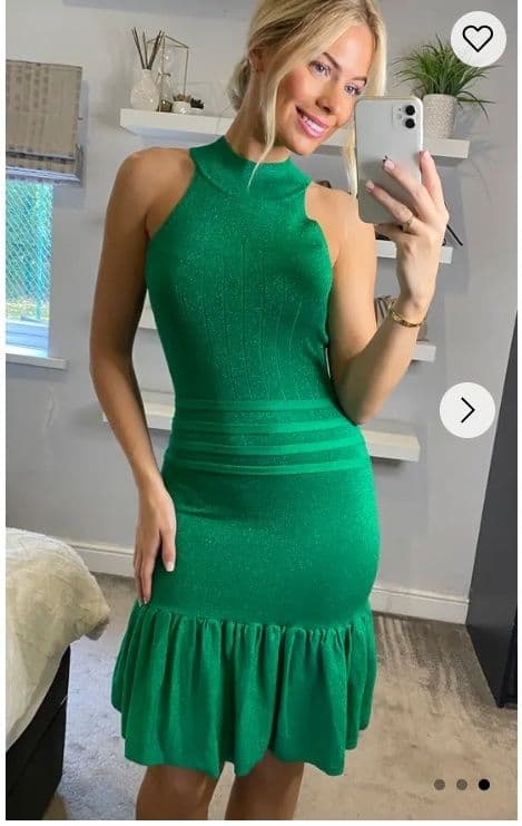 High Neck Pleated Metallic Dress Knee Length S M