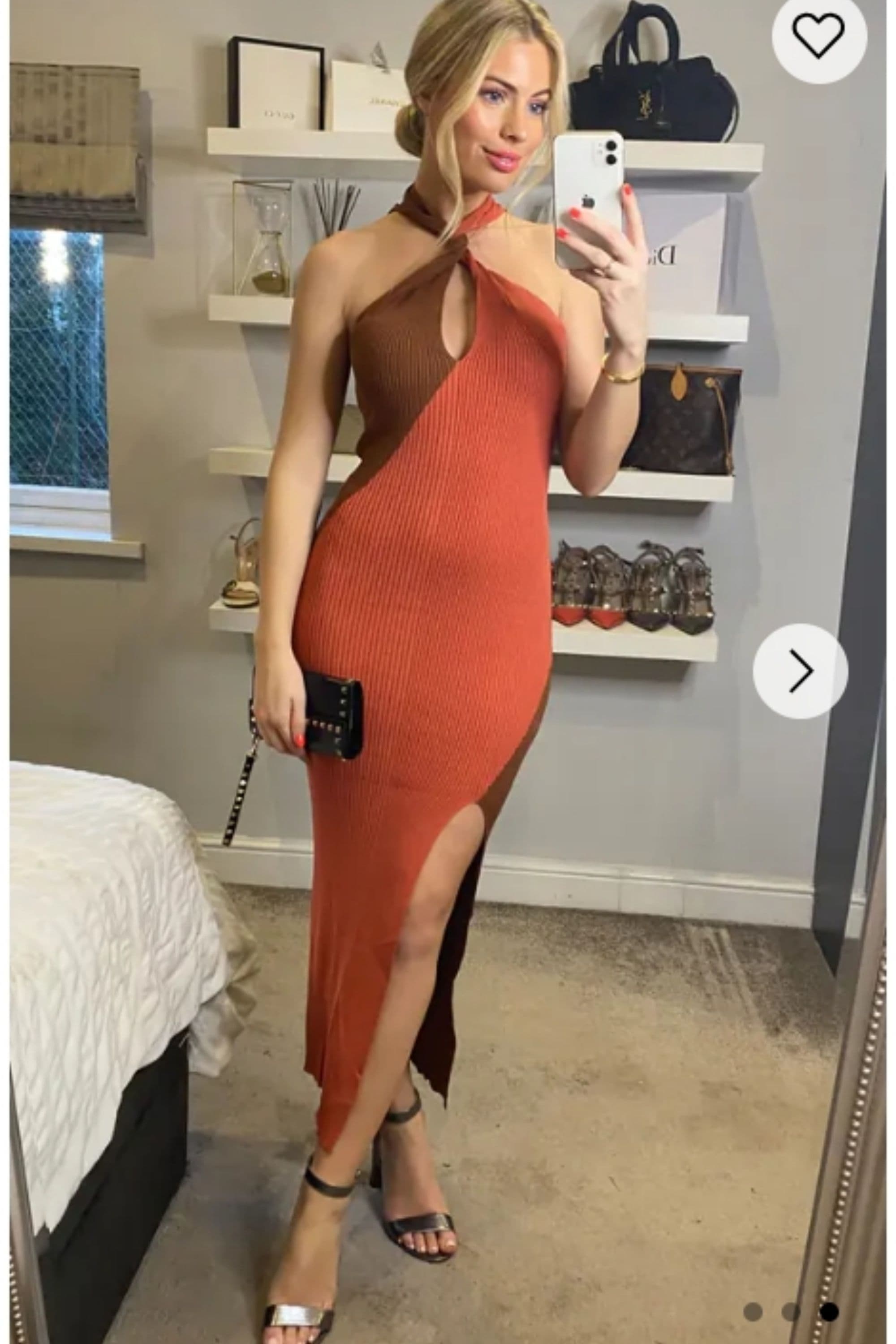 Soft Knitted Ribbed Midi Bodycon twist neck Dress coffee Contrast