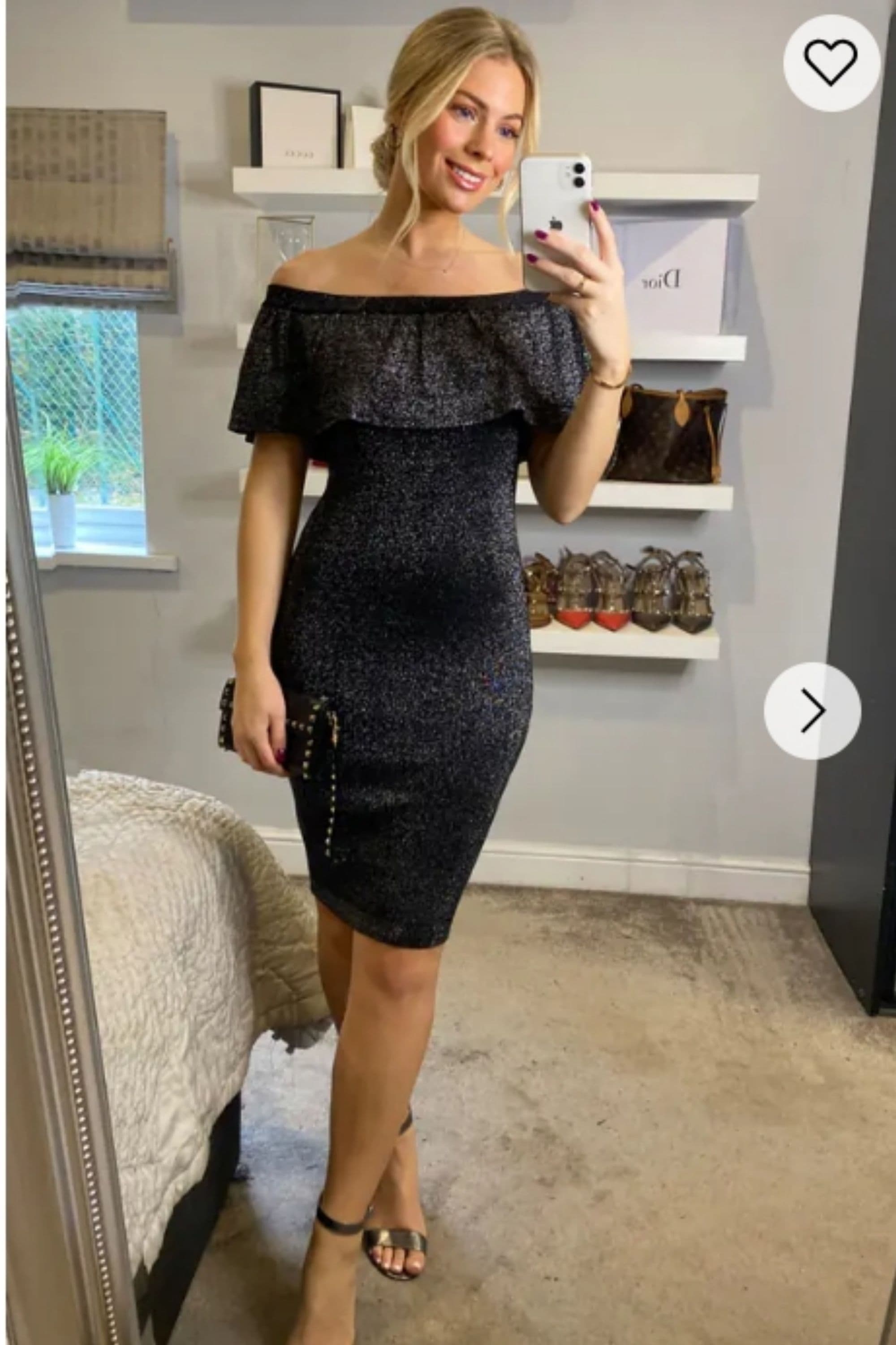 Metallic Frill Bardot Bandage Dress Gold S M