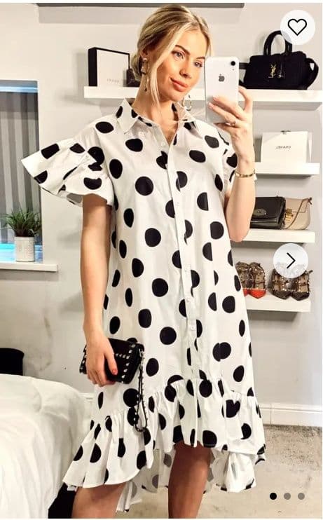 Polka Dot Print Dip Hem Dress Frill Sleeves Design White