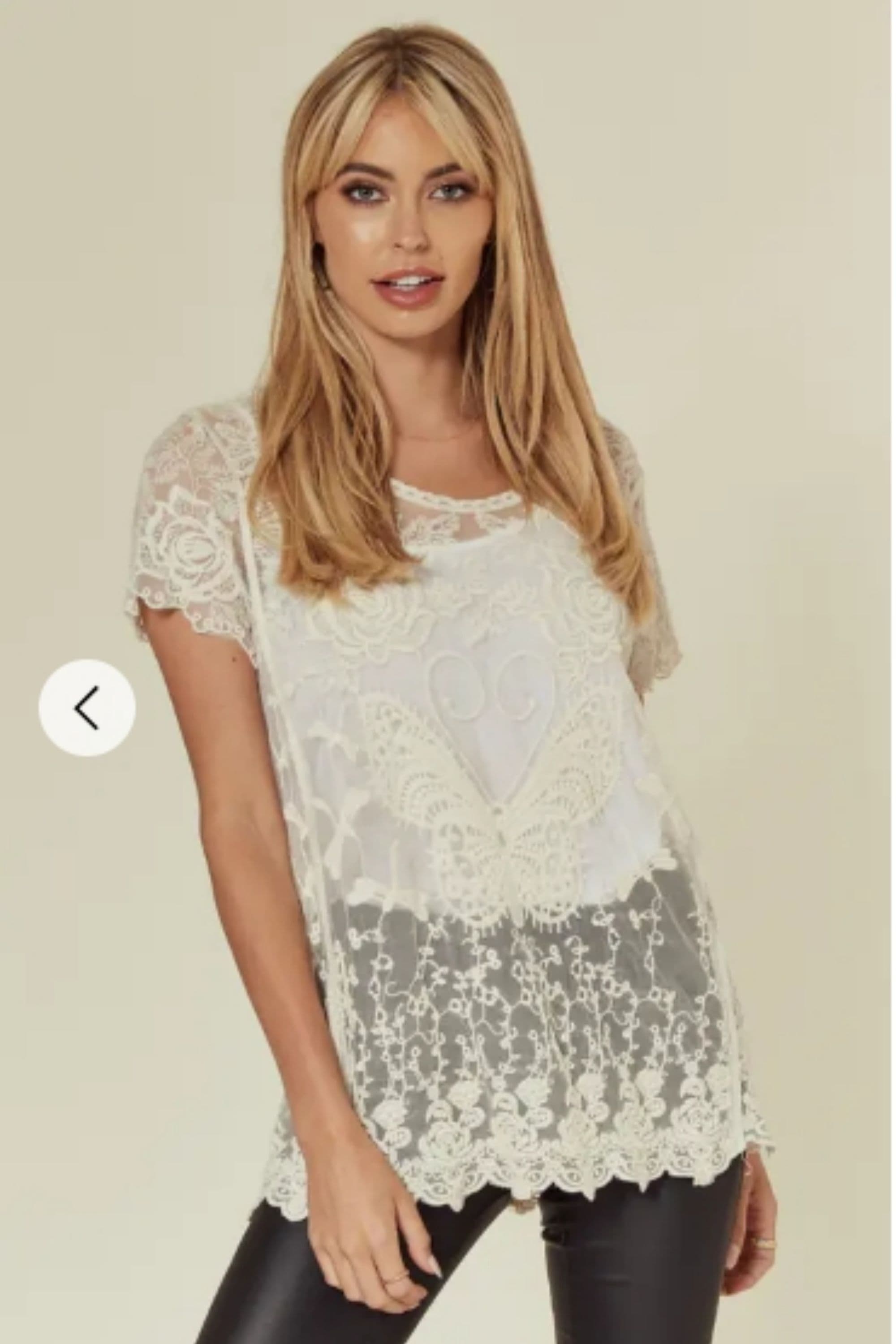 Short Sleeve Sheer Top Floral Crochet Details Cream