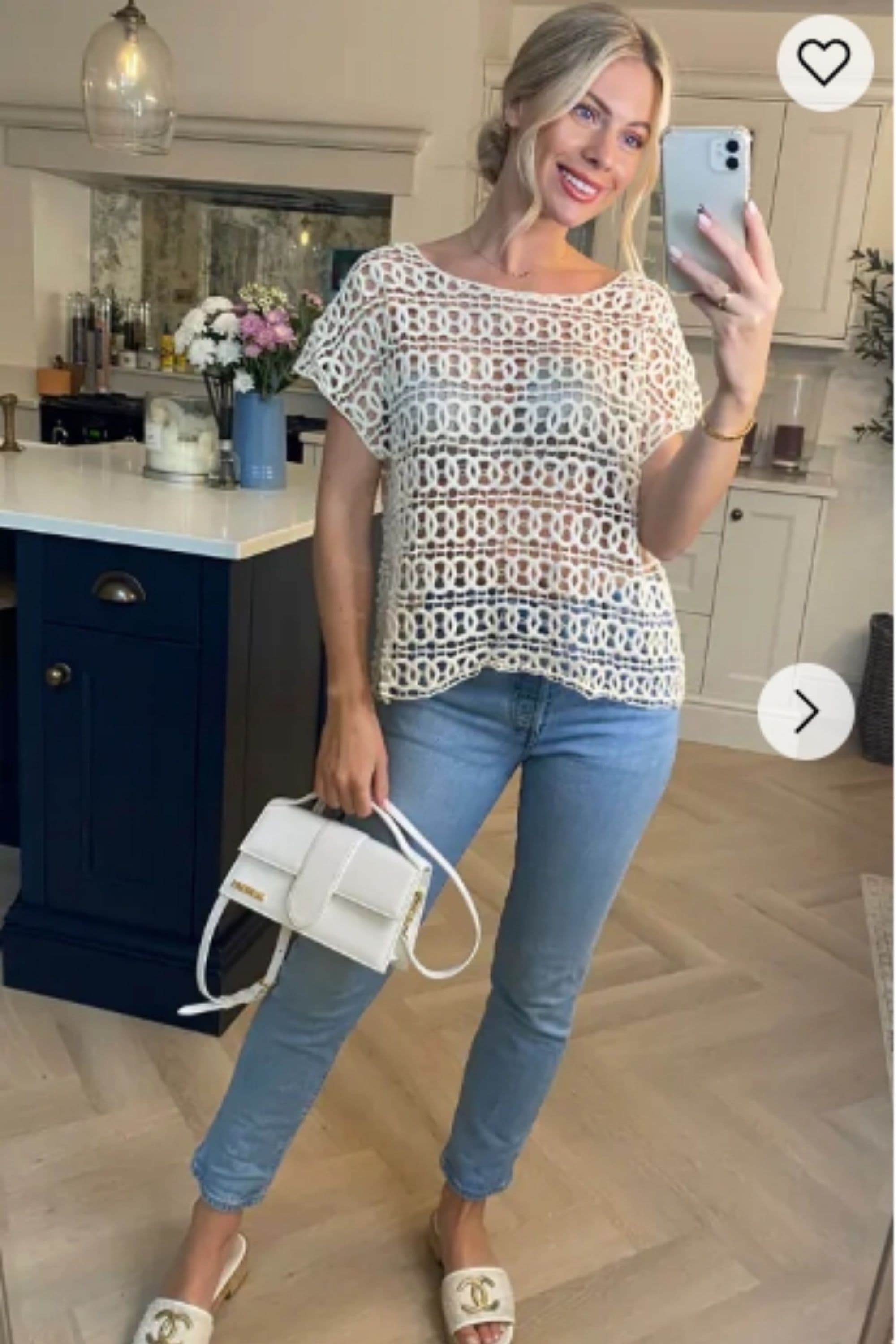 Floral Crochet Top Short Sleeves Cream