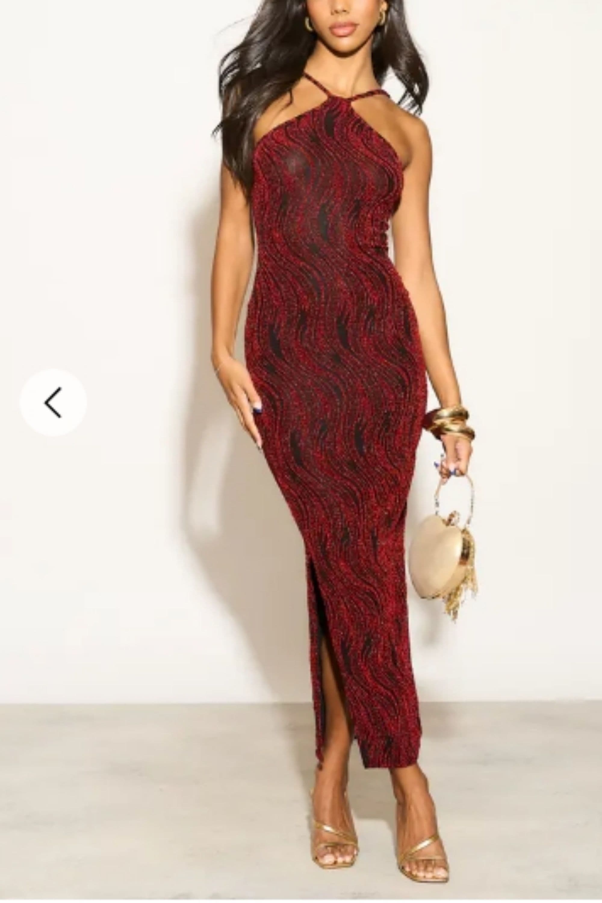 High Neck Sleeveless Metallic Knit Pattern Print Maxi Dress