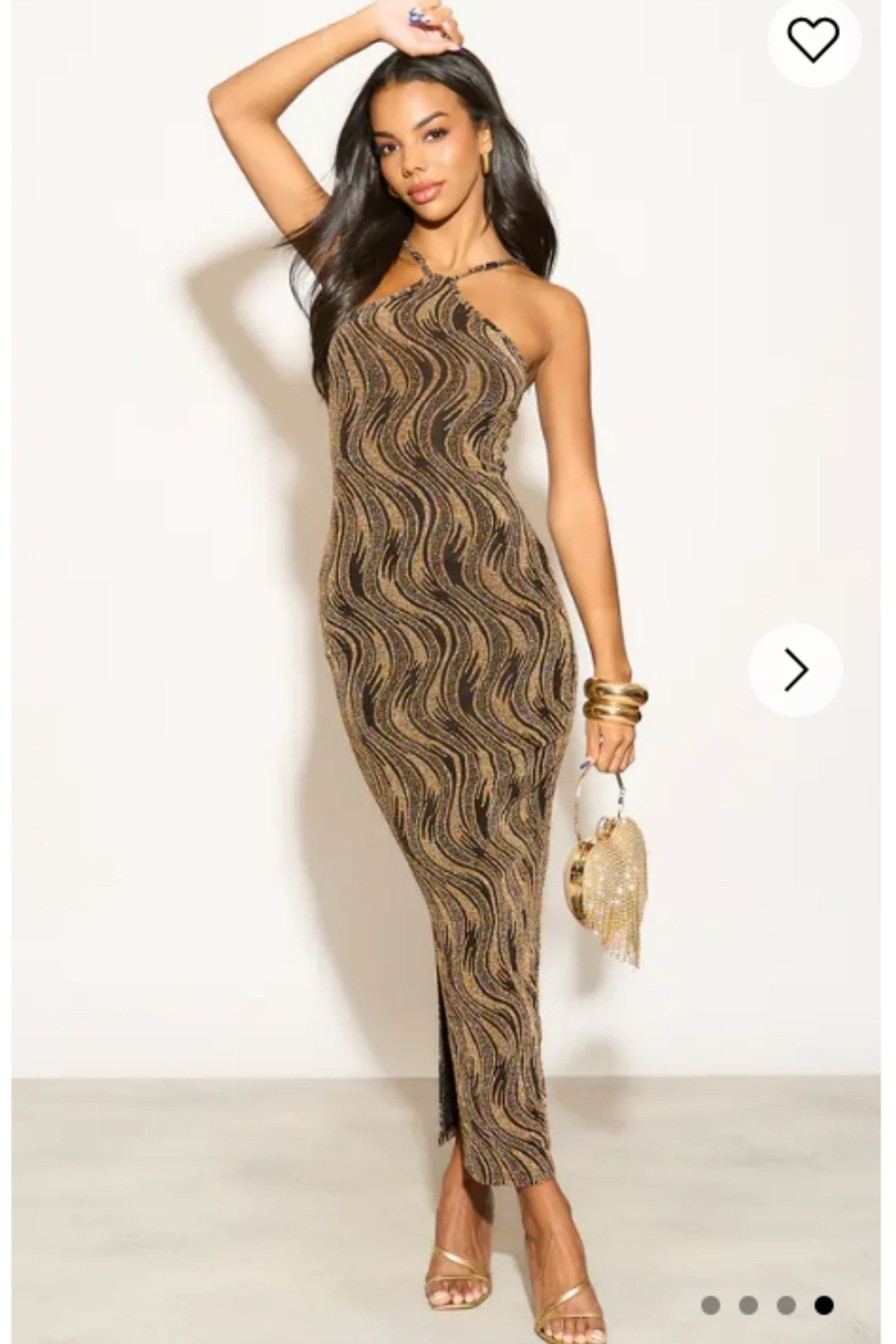 High Neck Sleeveless Metallic Knit Pattern Print Maxi Dress Gold