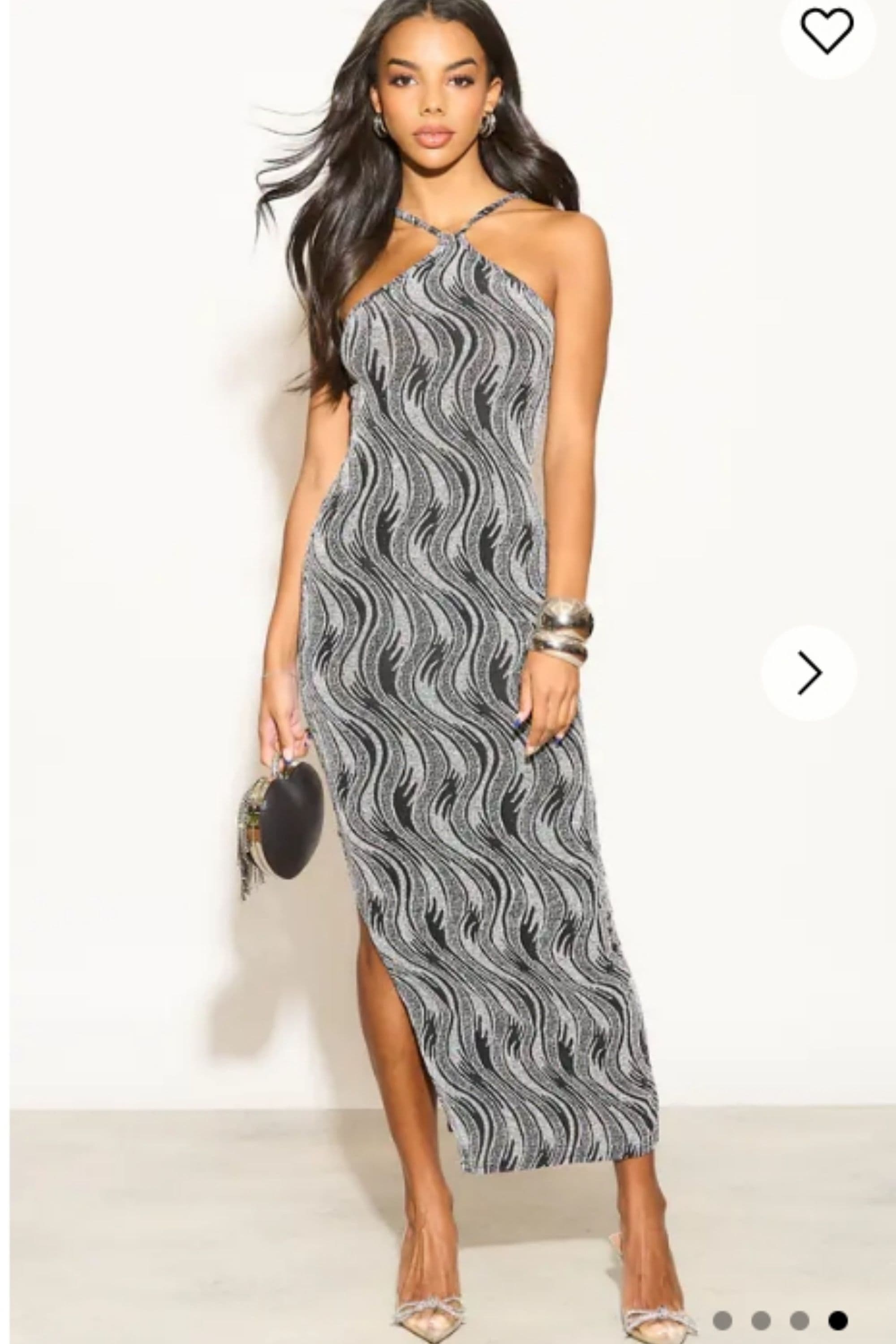 High Neck Sleeveless Metallic Knit Pattern Print Maxi Dress Sliver