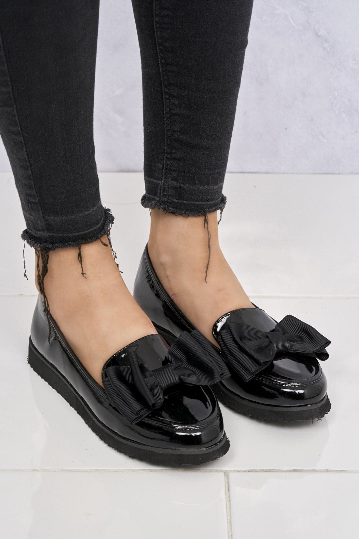 Miss Diva Women's Ada Bow Detail Cleated Flatform Sole Loafers in Black | Size: 7