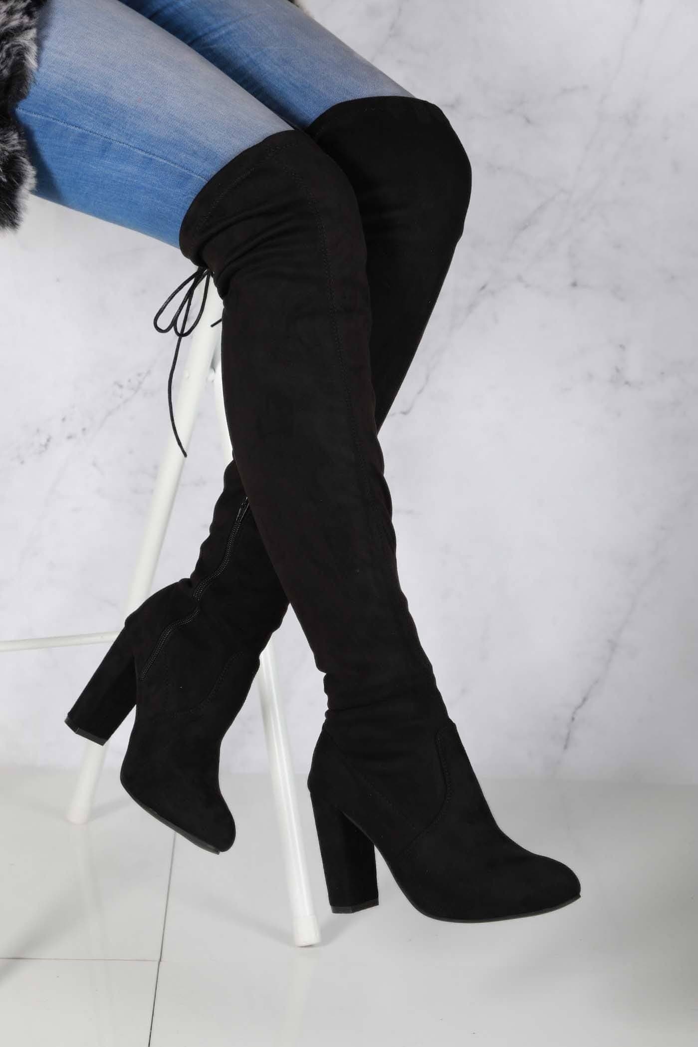 Miss Diva Women's Cinda Block Heel Slim Over Knee Faux Suede Boots in Black | Size: 8