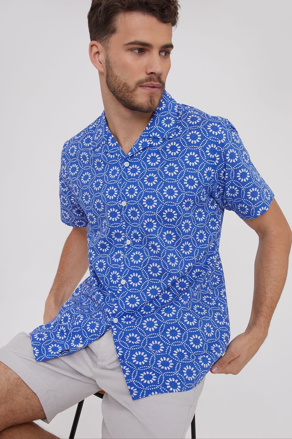 Tribal Short Sleeve Floral Print Cotton Shirt