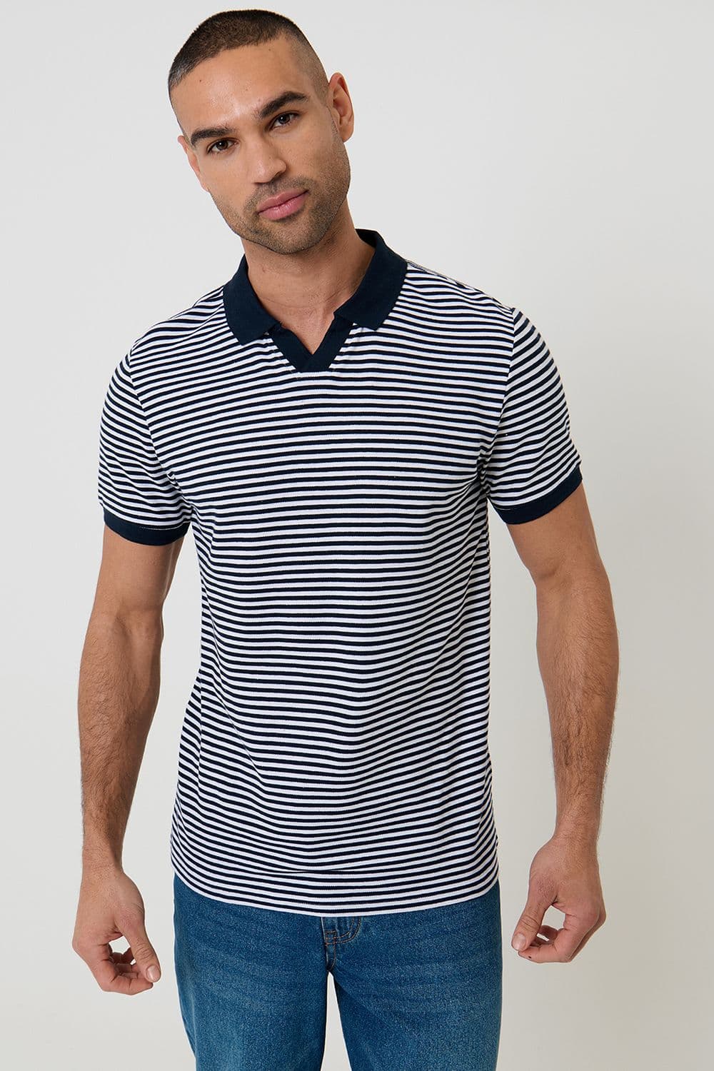 Domino Revere Collar Striped Pique Polo
